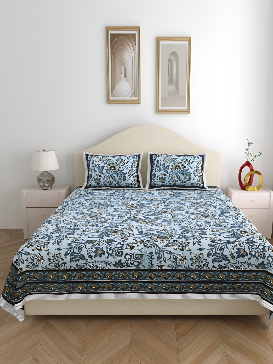 

SHOOLIN Blue Floral Pure Cotton Queen Bedsheet with 2 Pillow Covers