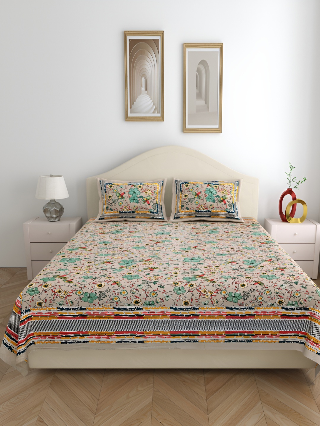 

SHOOLIN Beige & Blue Floral Pure Cotton Queen Bedsheet with 2 Pillow Covers