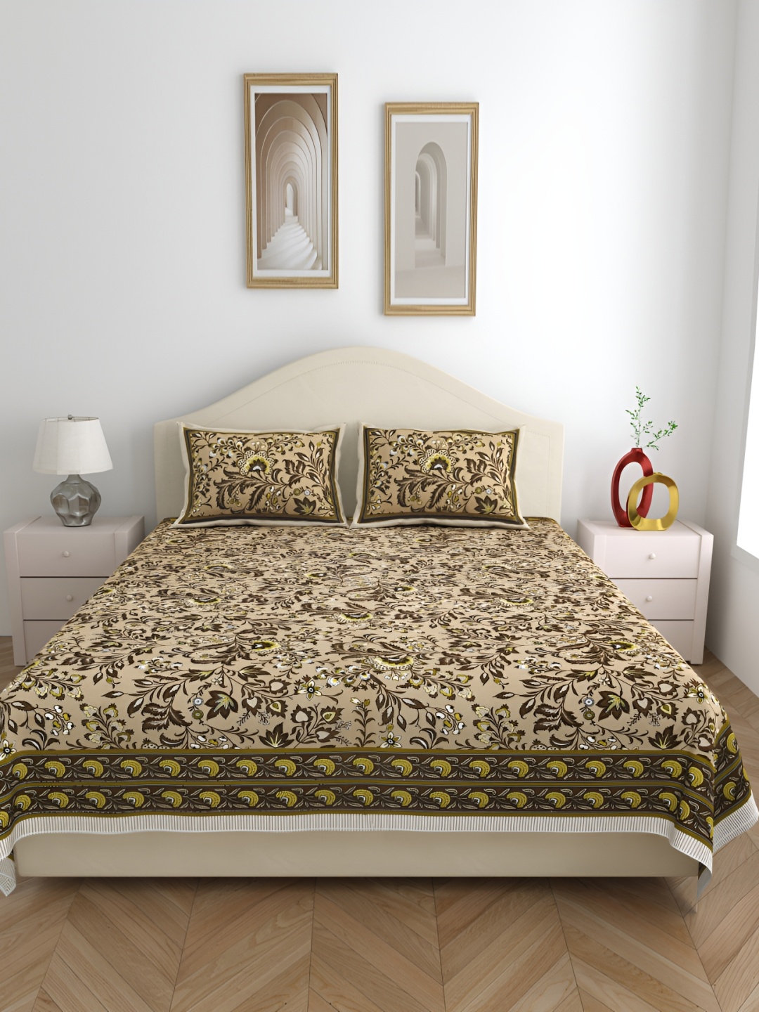 

SHOOLIN Beige & Yellow Floral Pure Cotton Queen Bedsheet with 2 Pillow Covers