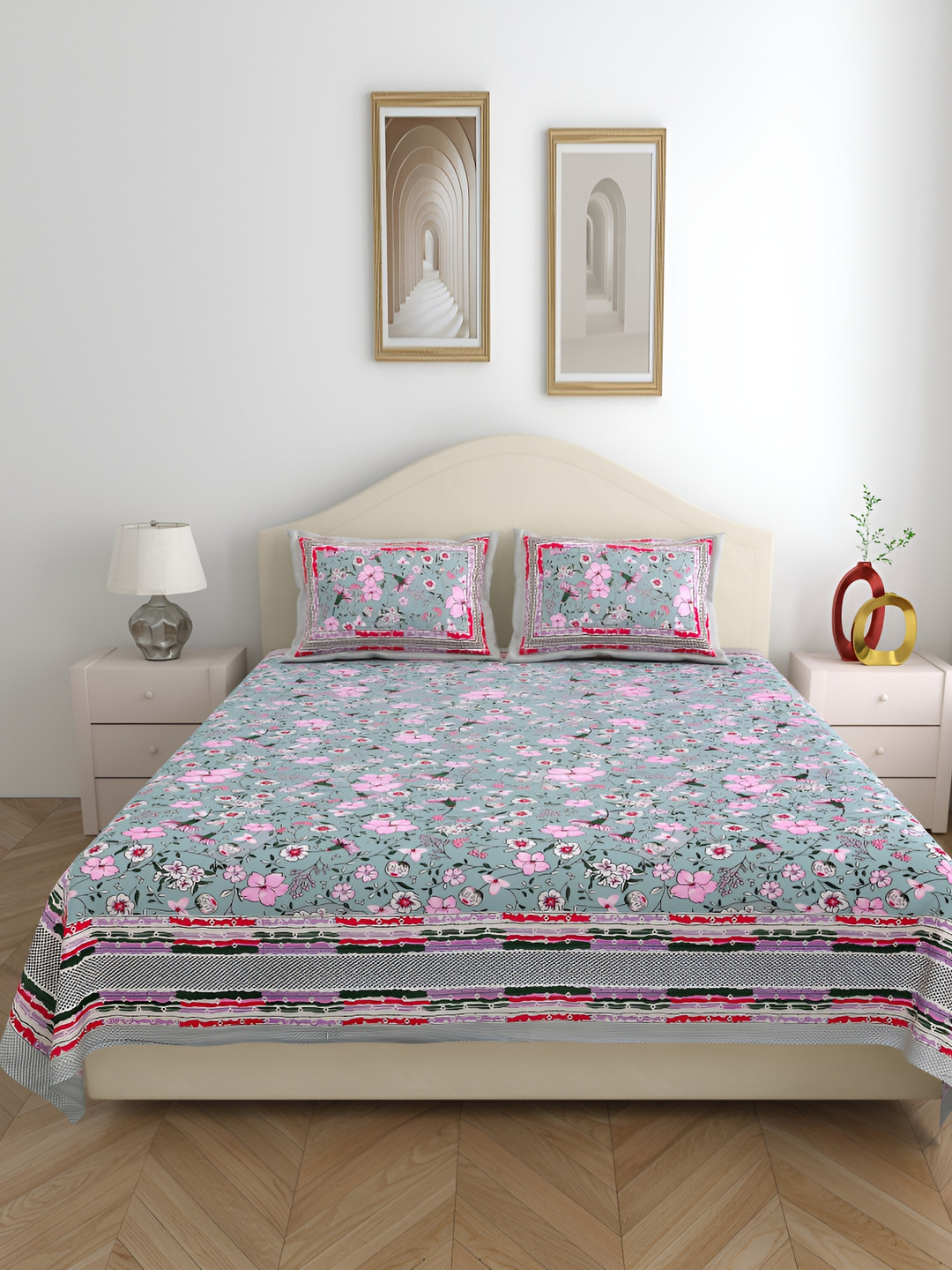 

SHOOLIN Grey & Pink Floral Pure Cotton Queen Bedsheet with 2 Pillow Covers