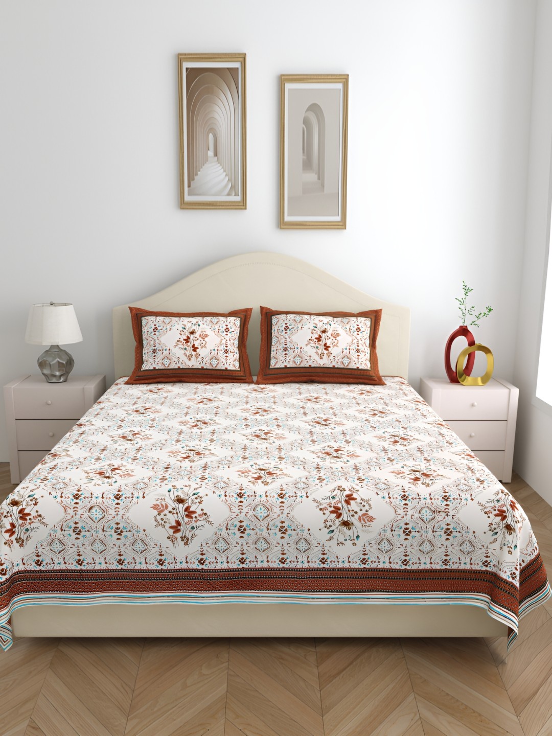 

SHOOLIN White & Brown Floral Queen Bedsheet with 2 Pillow Covers