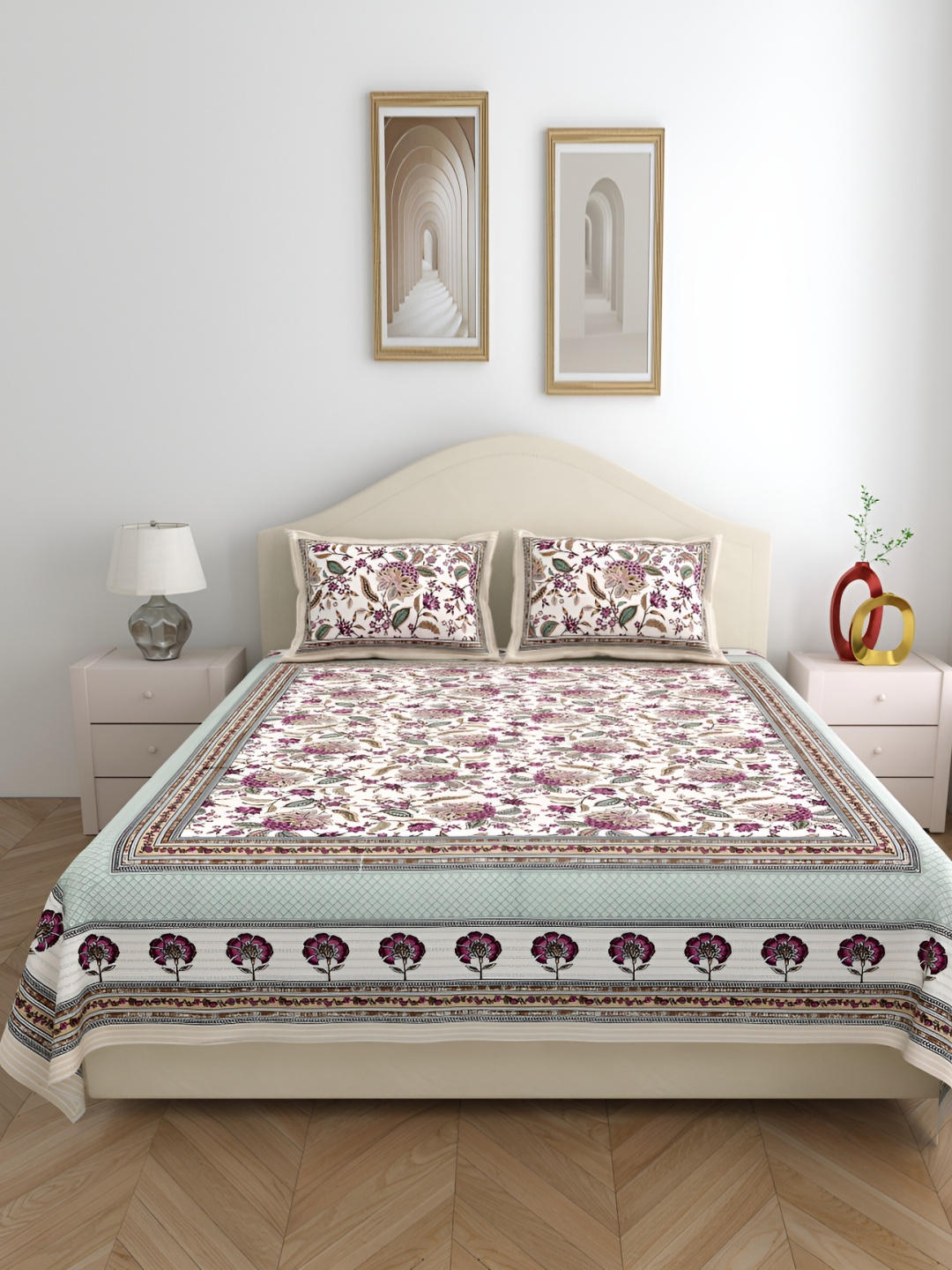 

SHOOLIN White & Blue Floral Pure Cotton Queen Bedsheet with 2 Pillow Covers