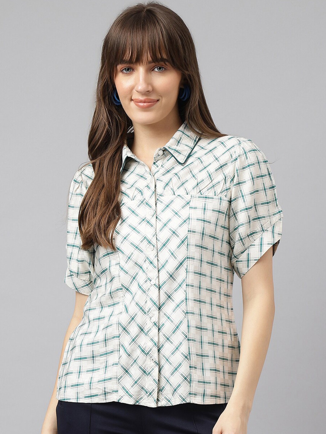 

Latin Quarters Women Opaque Checked Casual Shirt, Green