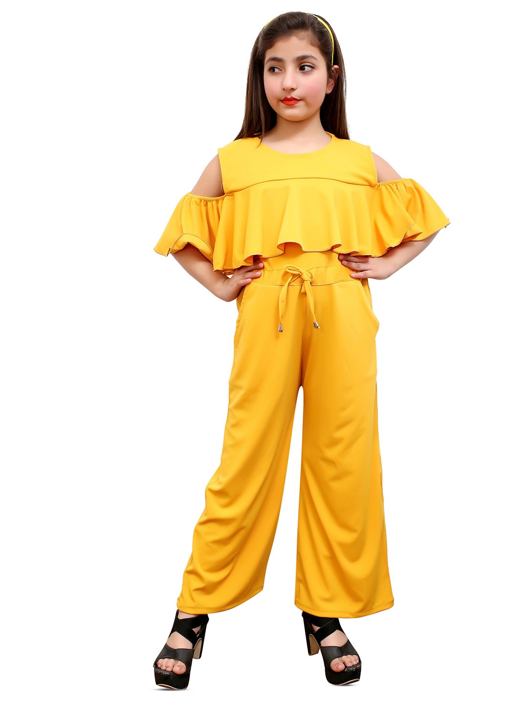 

FELLAMO Girls Round Neck Cold-Shoulder Sleeves Basic Jumpsuit, Yellow