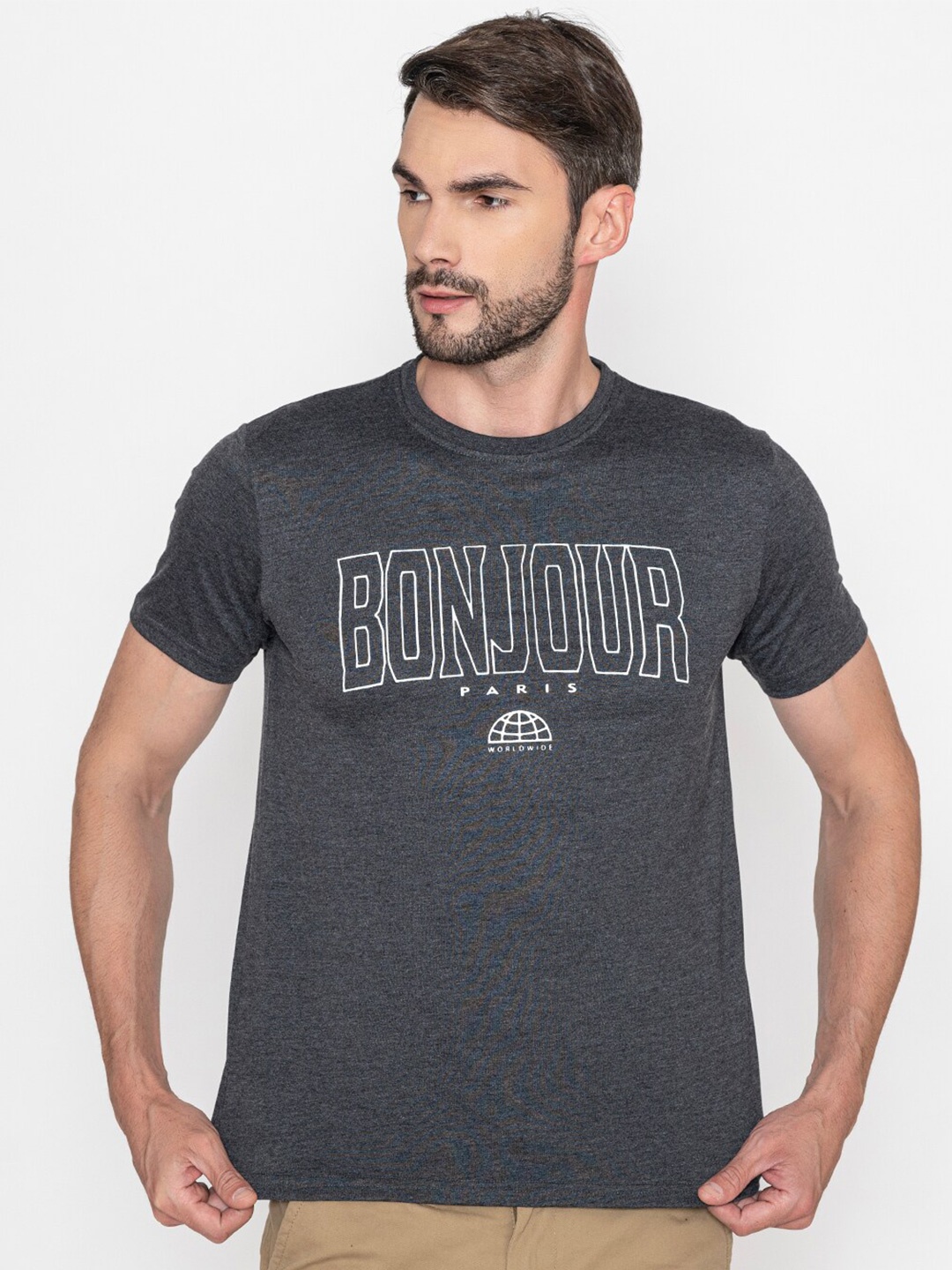 

Bonjour Men Typography Printed Applique T-shirt, Black