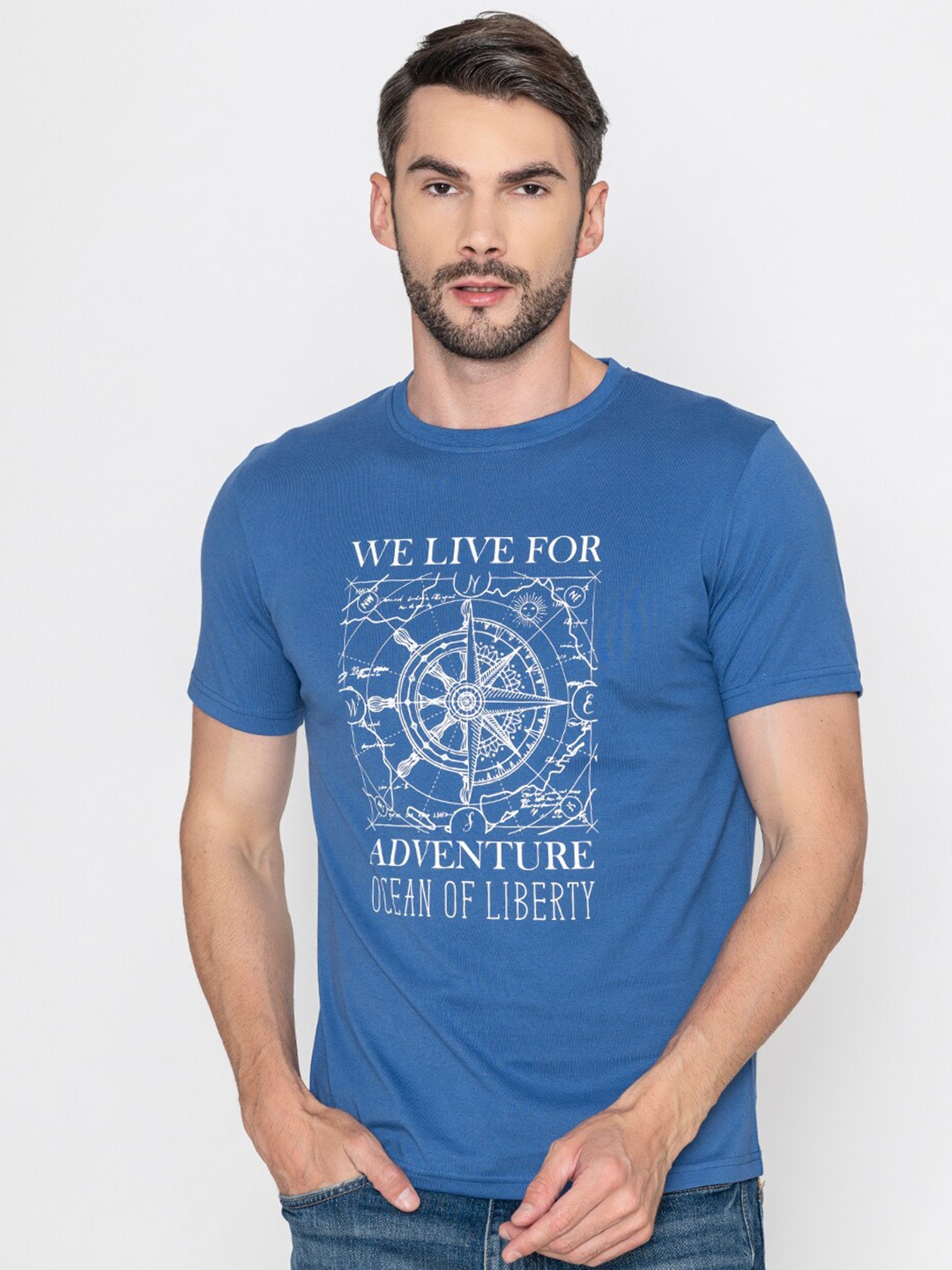 Bonjour Men Typography Printed Applique T-shirt, Blue