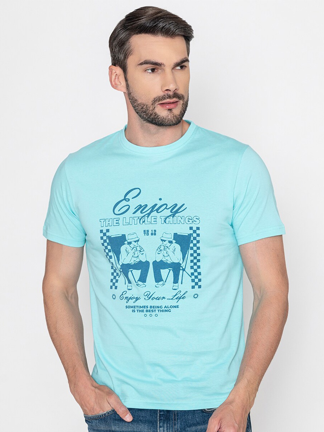 

Bonjour Men Typography Printed Applique T-shirt, Blue
