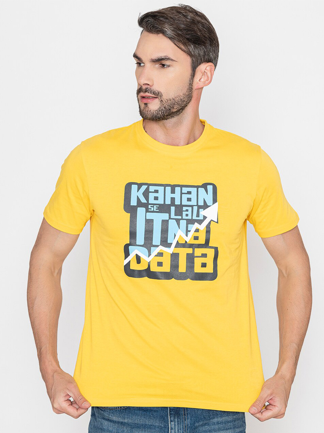 

Bonjour Men Typography Printed T-shirt, Yellow