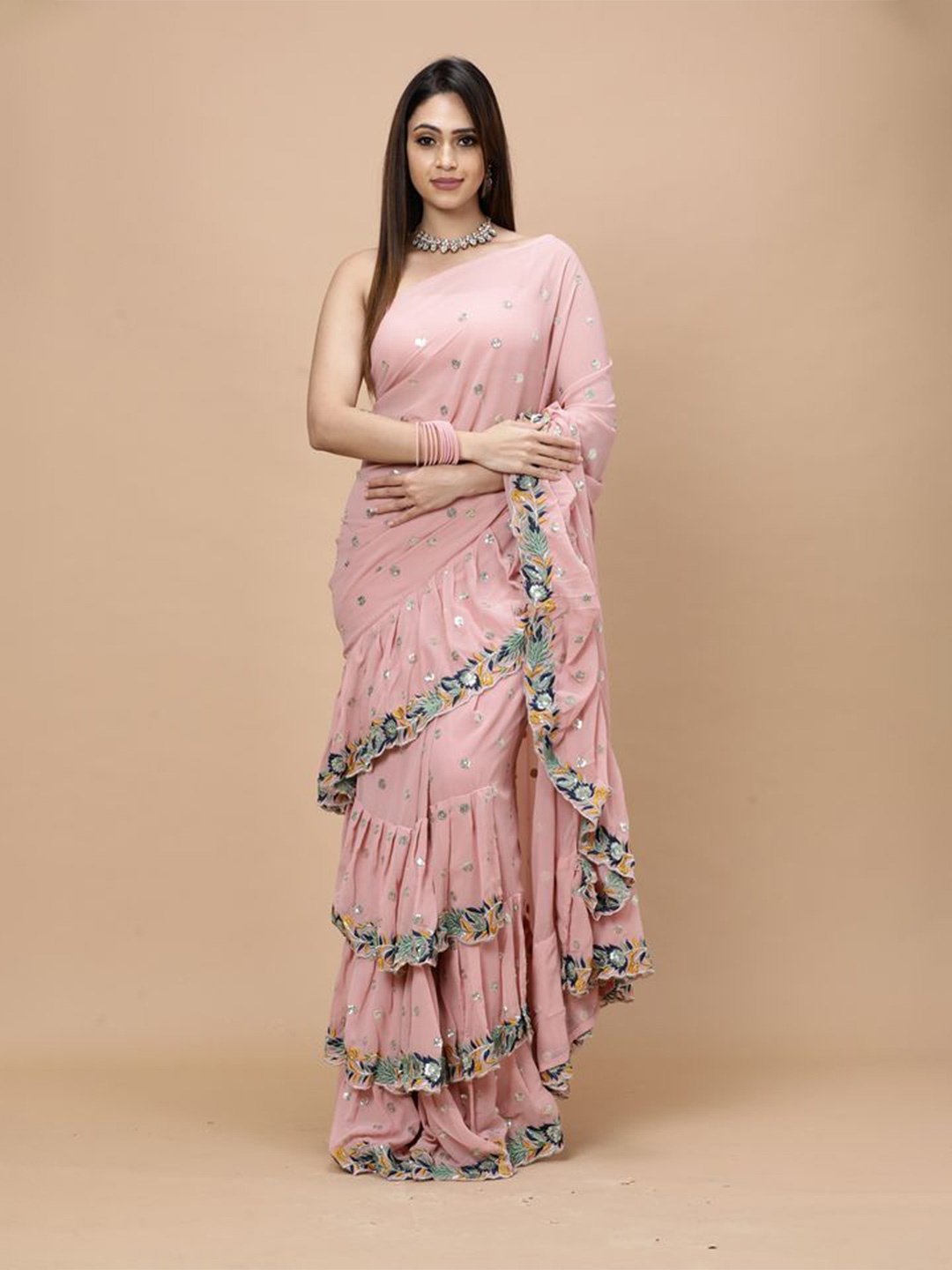 

Vervee Couture Floral Embroidered Pure Georgette Ruffles Saree, Pink