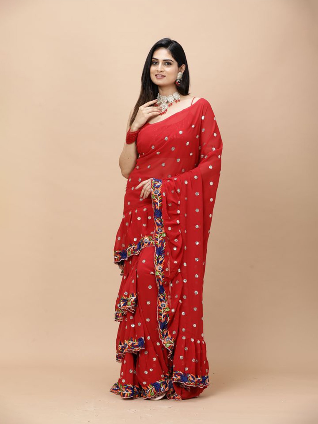 

Vervee Couture Floral Embroidered Pure Georgette Saree, Red