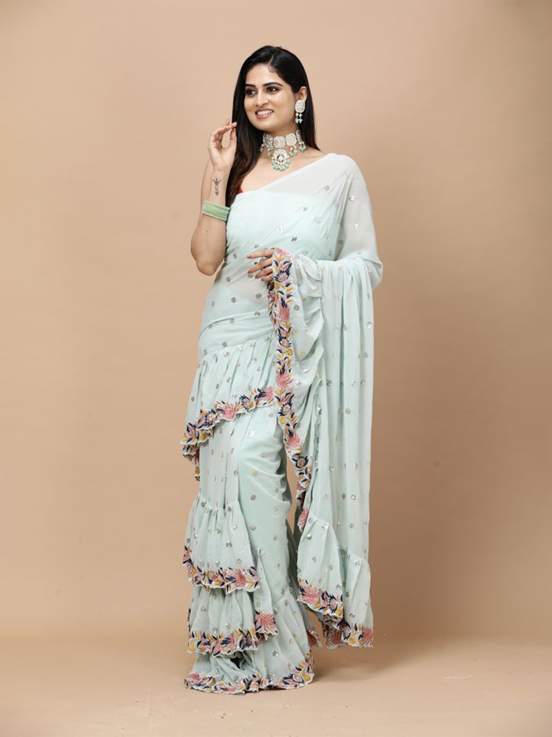 

Vervee Couture Floral Embroidered Pure Georgette Half and Half Saree, Turquoise blue