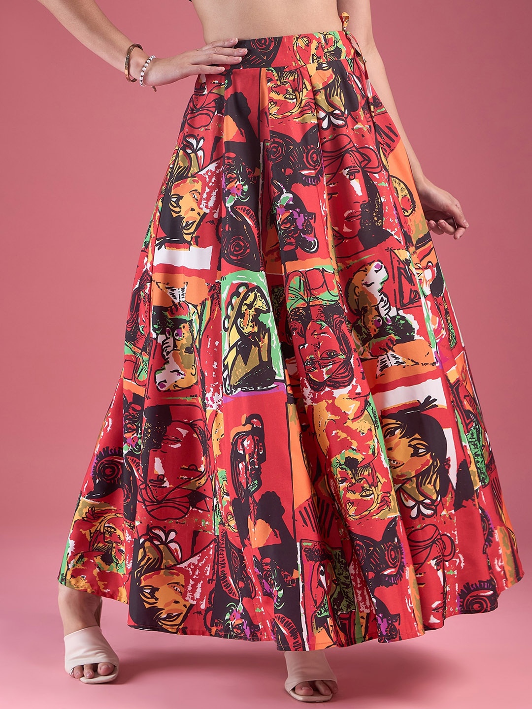

DressBerry Red Abstract Printed Flared Maxi Skirt