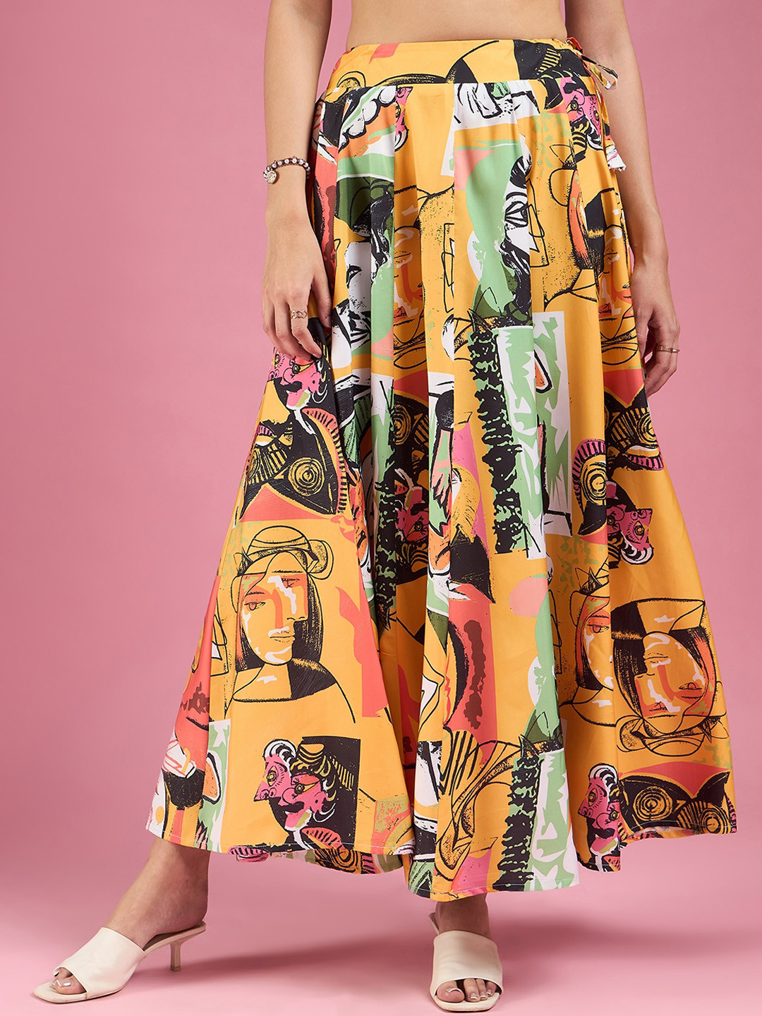 

DressBerry Yellow Abstract Printed Flared Maxi Skirt