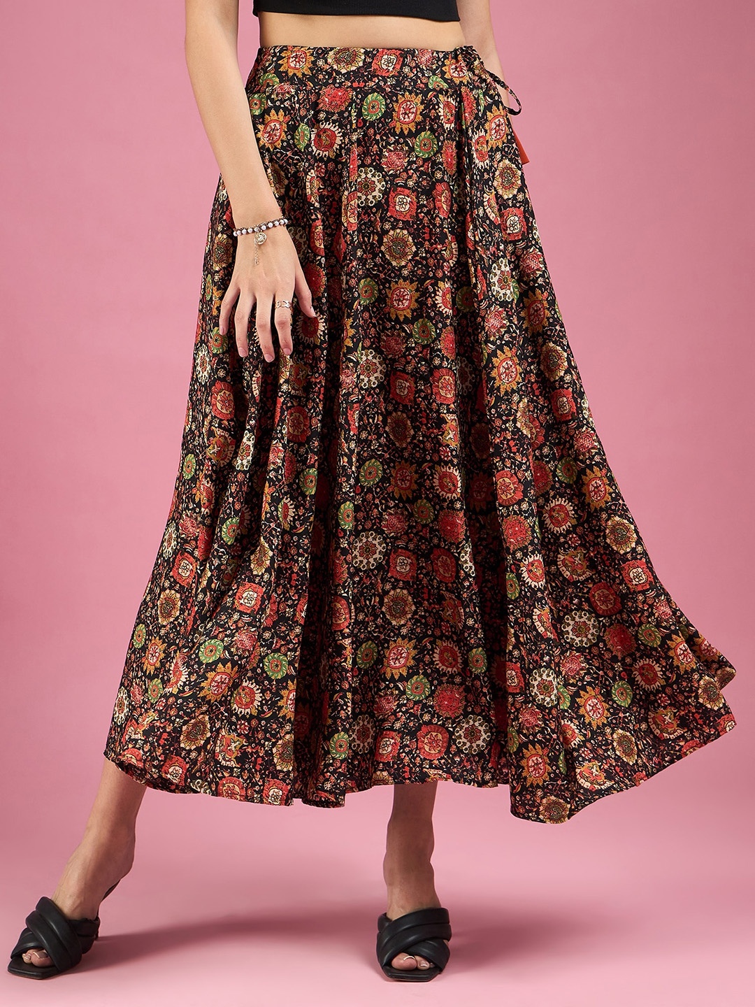 

DressBerry Orange Floral Printed Flared Maxi Skirt