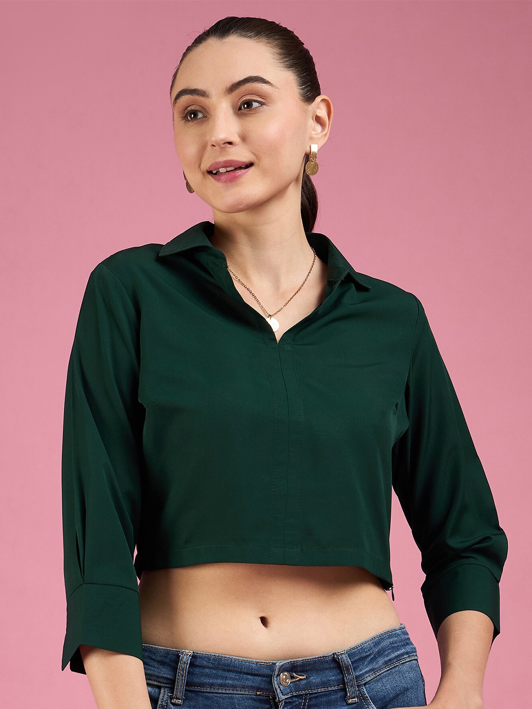 

DressBerry Crepe Shirt Style Crop Top, Green