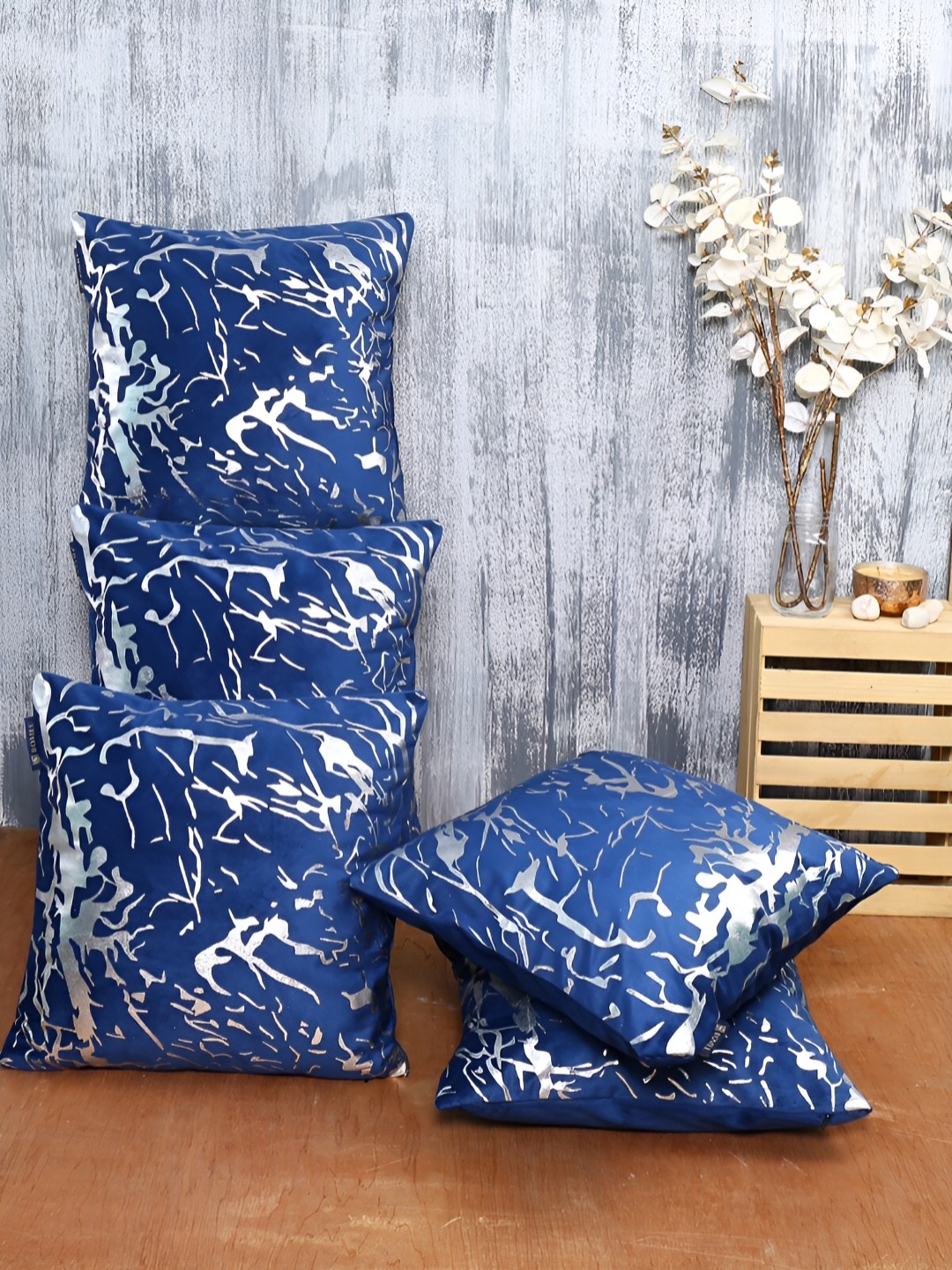 

Aura Blue & White 5 Pieces Abstract Square Cushion Covers