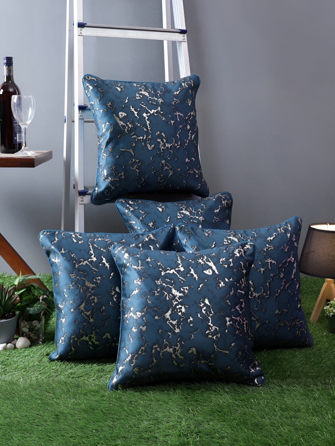 

Aura Silver-Toned Blue 5 Pieces Abstract Square Cushion Covers