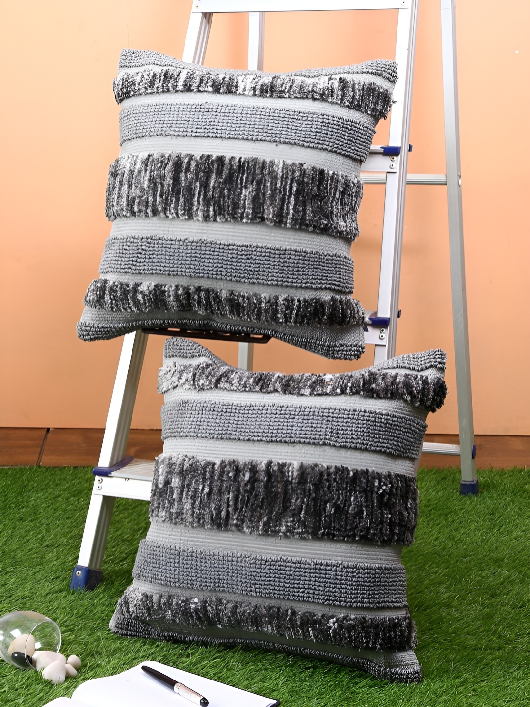 

Aura Grey 2 Pieces Striped Square Cushion Covers