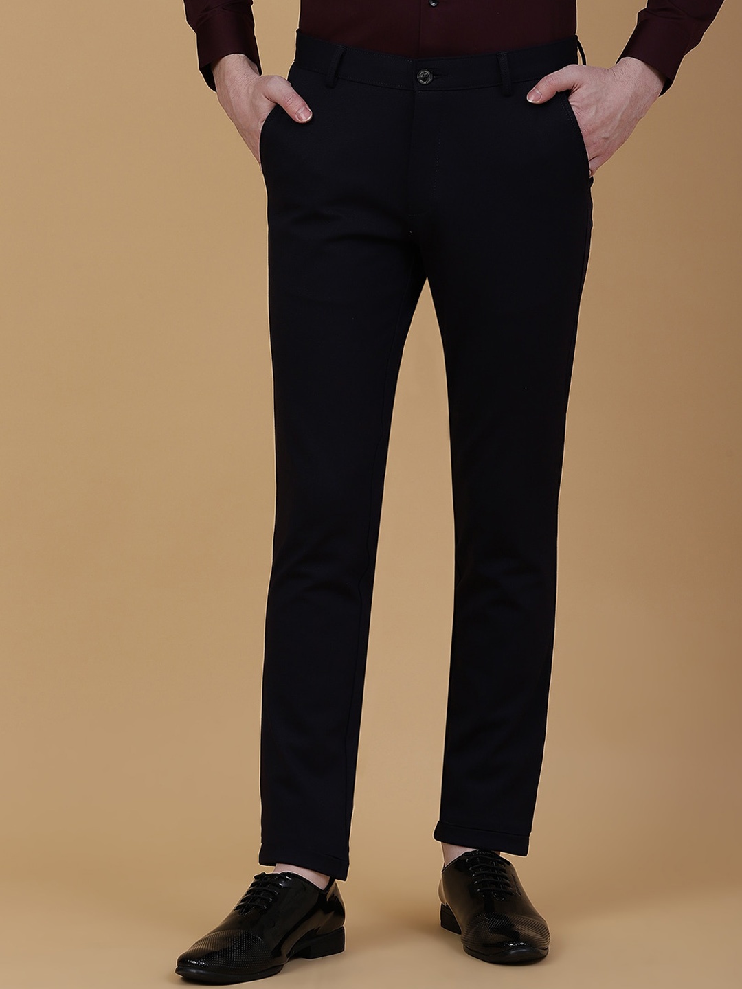 

JB STUDIO Men Slim Fit Mid-Rise Cotton Formal Trousers, Navy blue