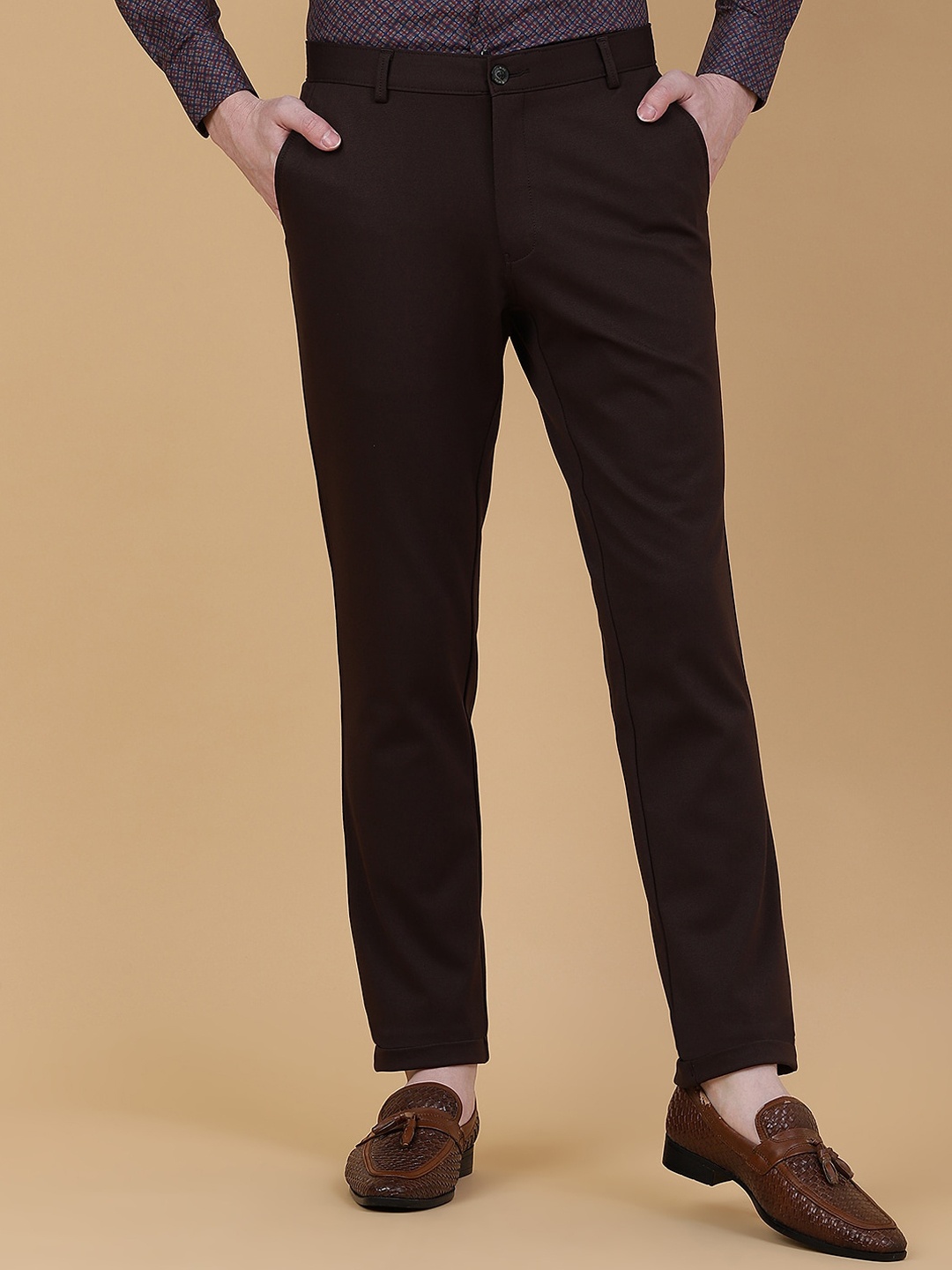 

JB STUDIO Men Mid-Rise Cotton Formal Trousers, Brown