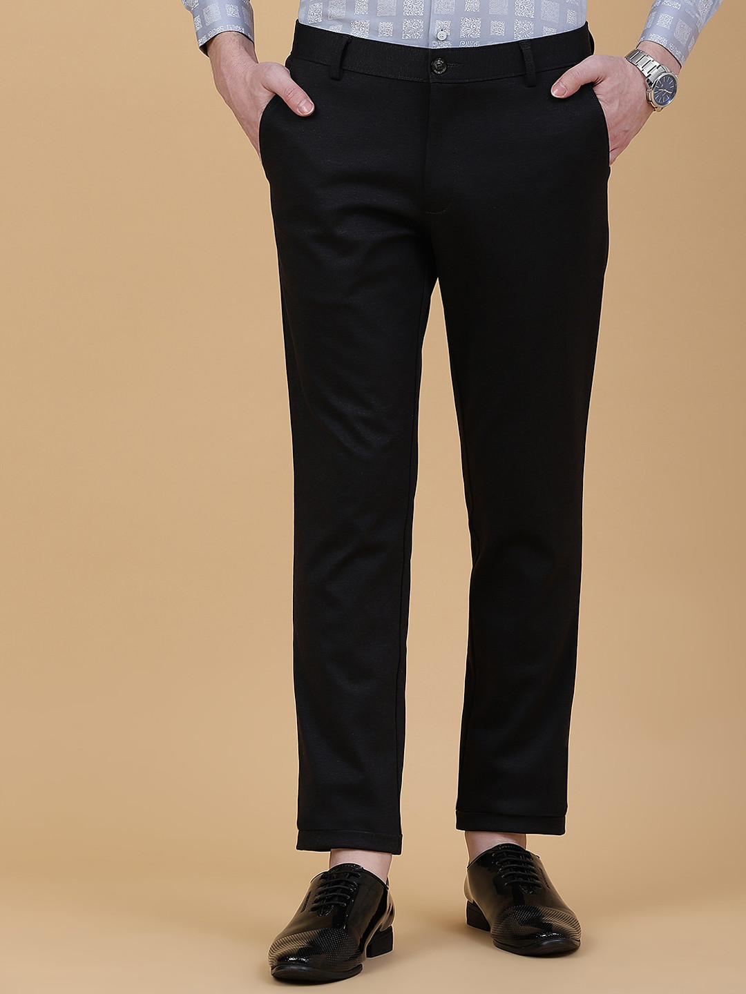 

JB STUDIO Men Slim Fit Mid-Rise Cotton Formal Trousers, Black