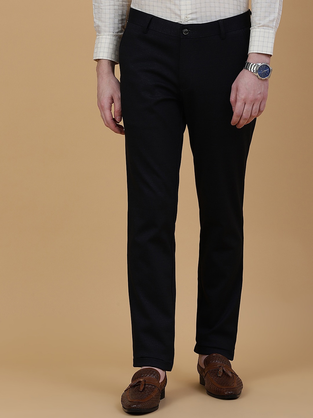 

JB STUDIO Men Mid-Rise Cotton Formal Trousers, Navy blue