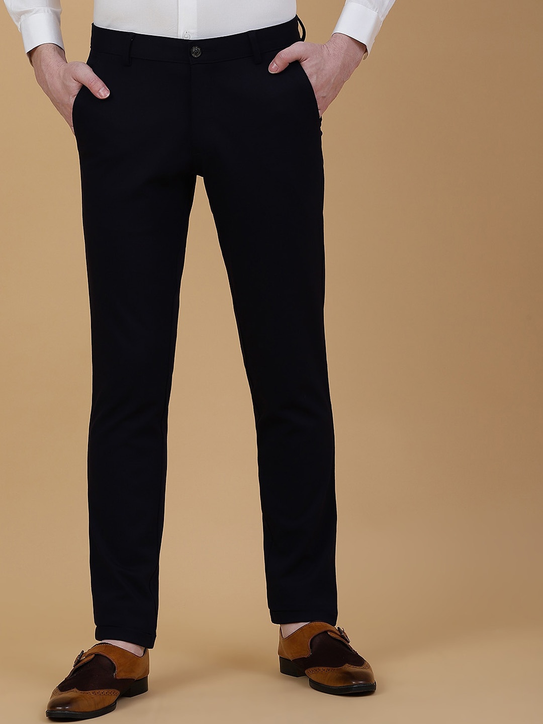 

JB STUDIO Men Slim Fit Mid-Rise Cotton Formal Trousers, Navy blue