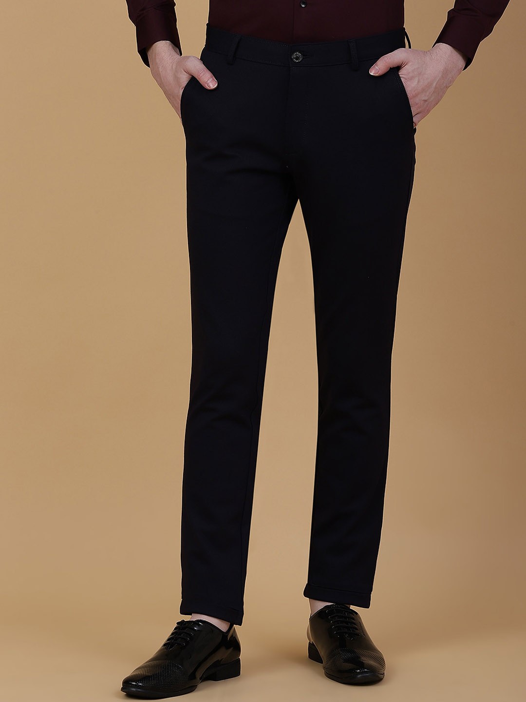 

JB STUDIO Men Slim Fit Mid-Rise Cotton Formal Trousers, Navy blue