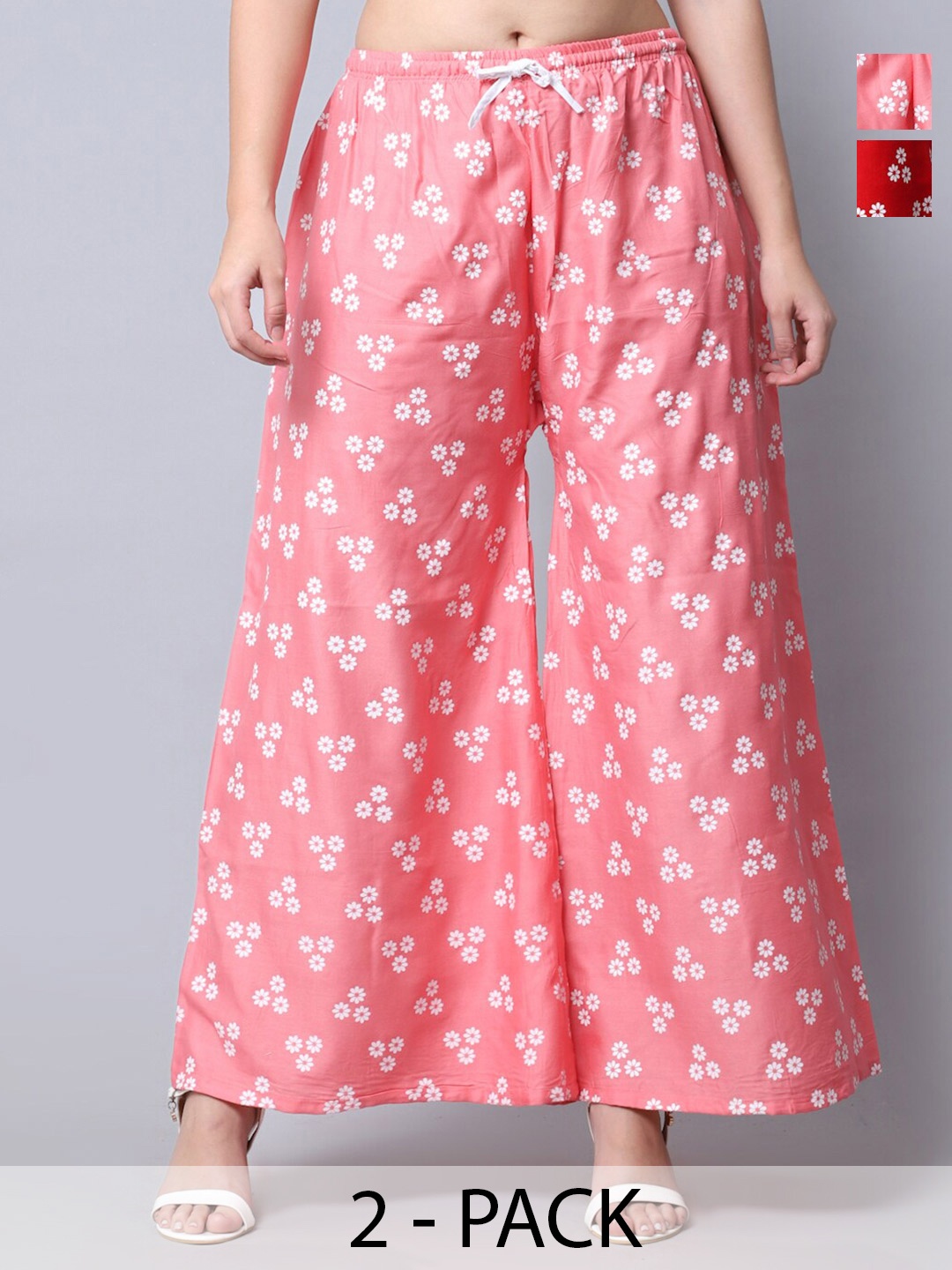 

Jinfo Pack Of 2 Floral Printed Knitted Palazzos, Red