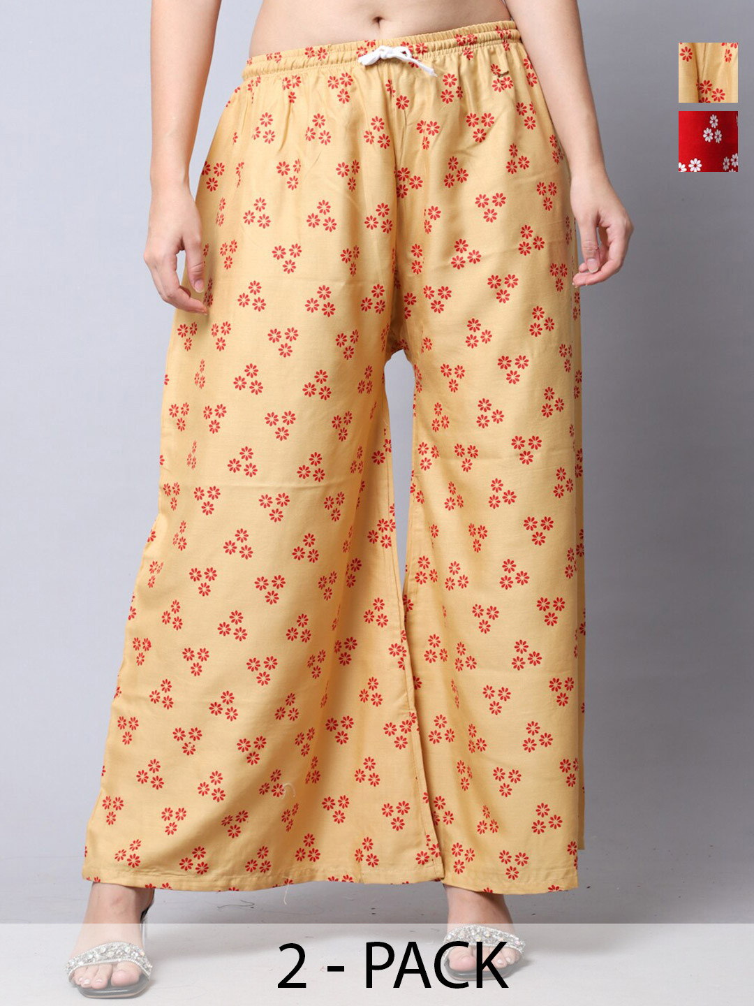 

Jinfo Pack Of 2 Floral Printed Flared Palazzos, Red