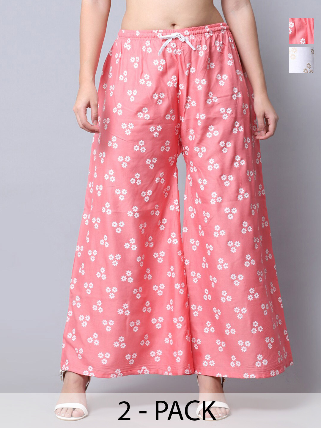

Jinfo Pack Of 2 Floral Printed Flared Palazzos, White