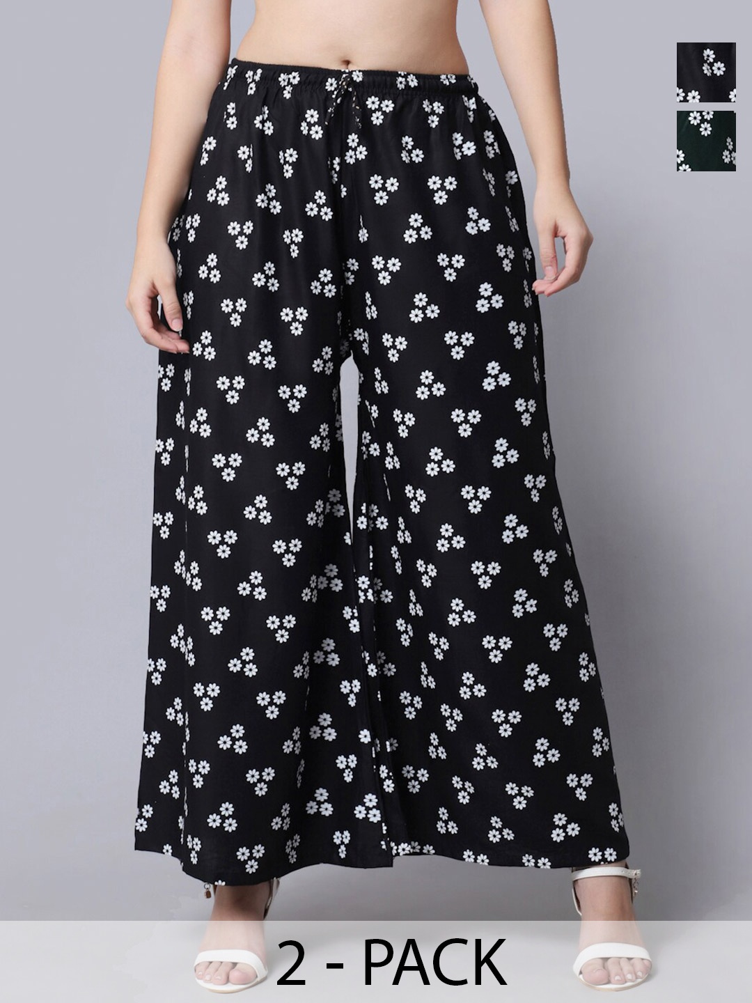 

Jinfo Pack Of 2 Floral Printed Flared Palazzos, Black