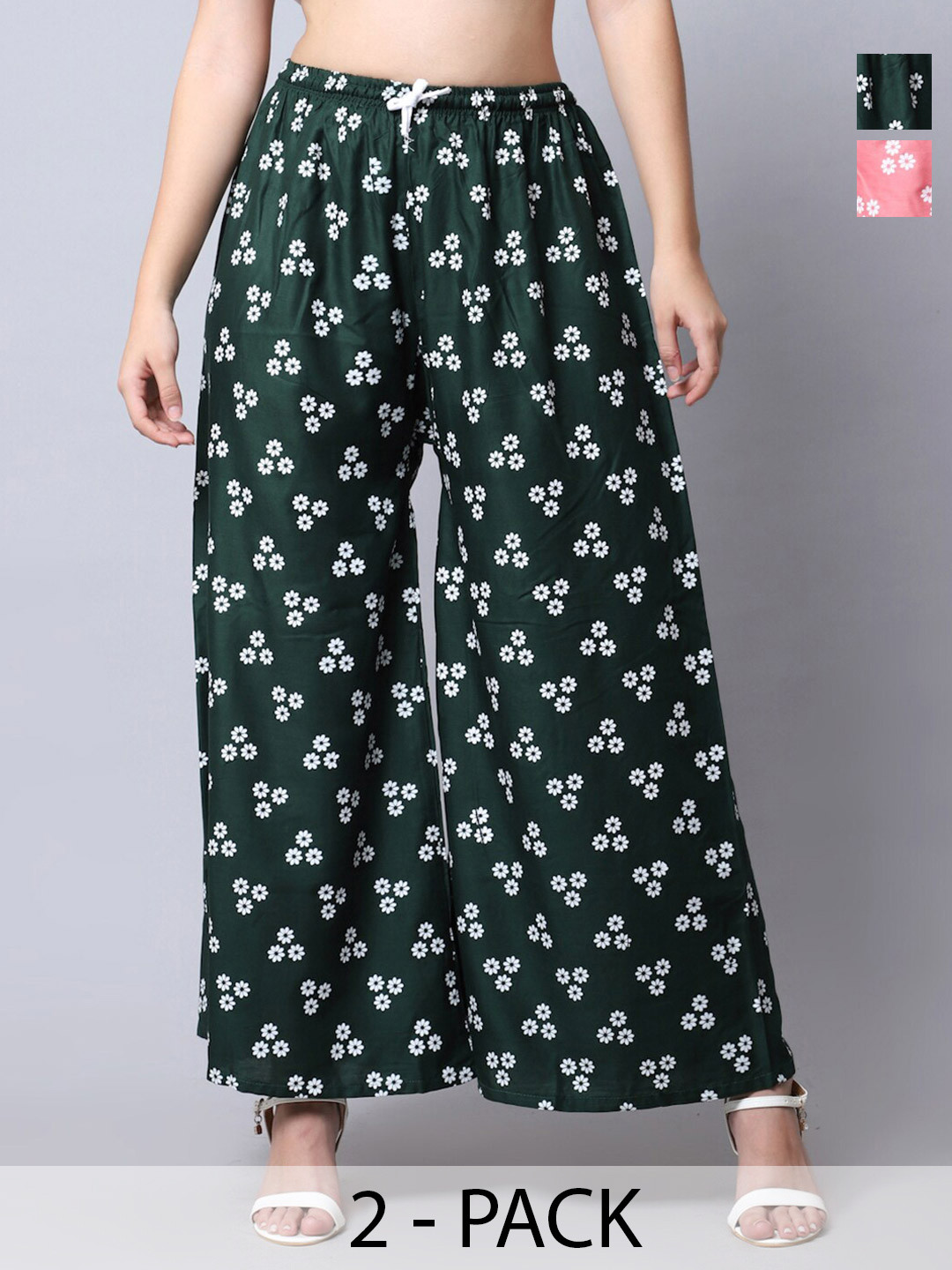 

Jinfo Pack Of 2 Floral Printed Flared Knitted Palazzos, Green