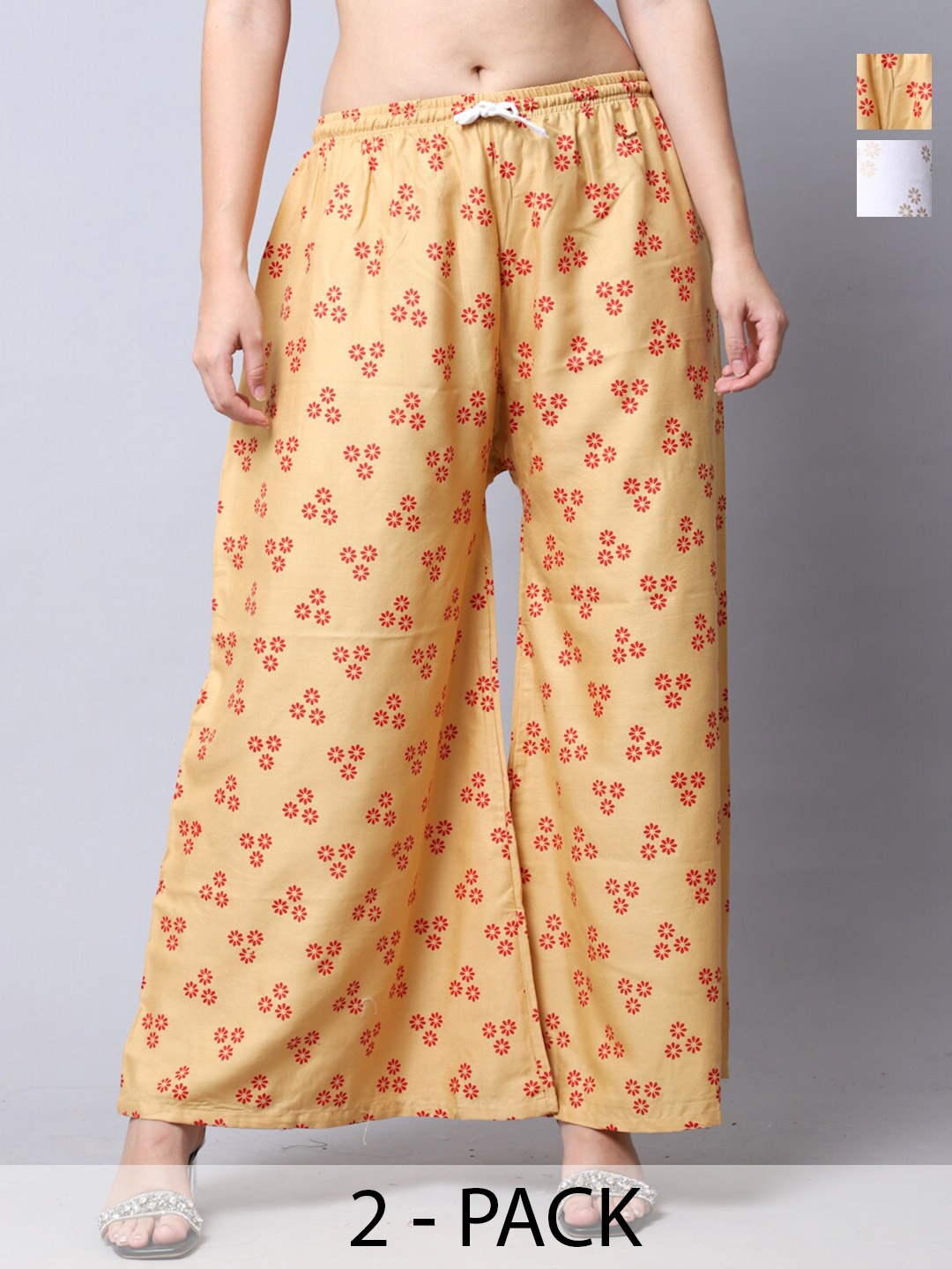 

Jinfo Pack Of 2 Floral Printed Flared Knitted Palazzos, White