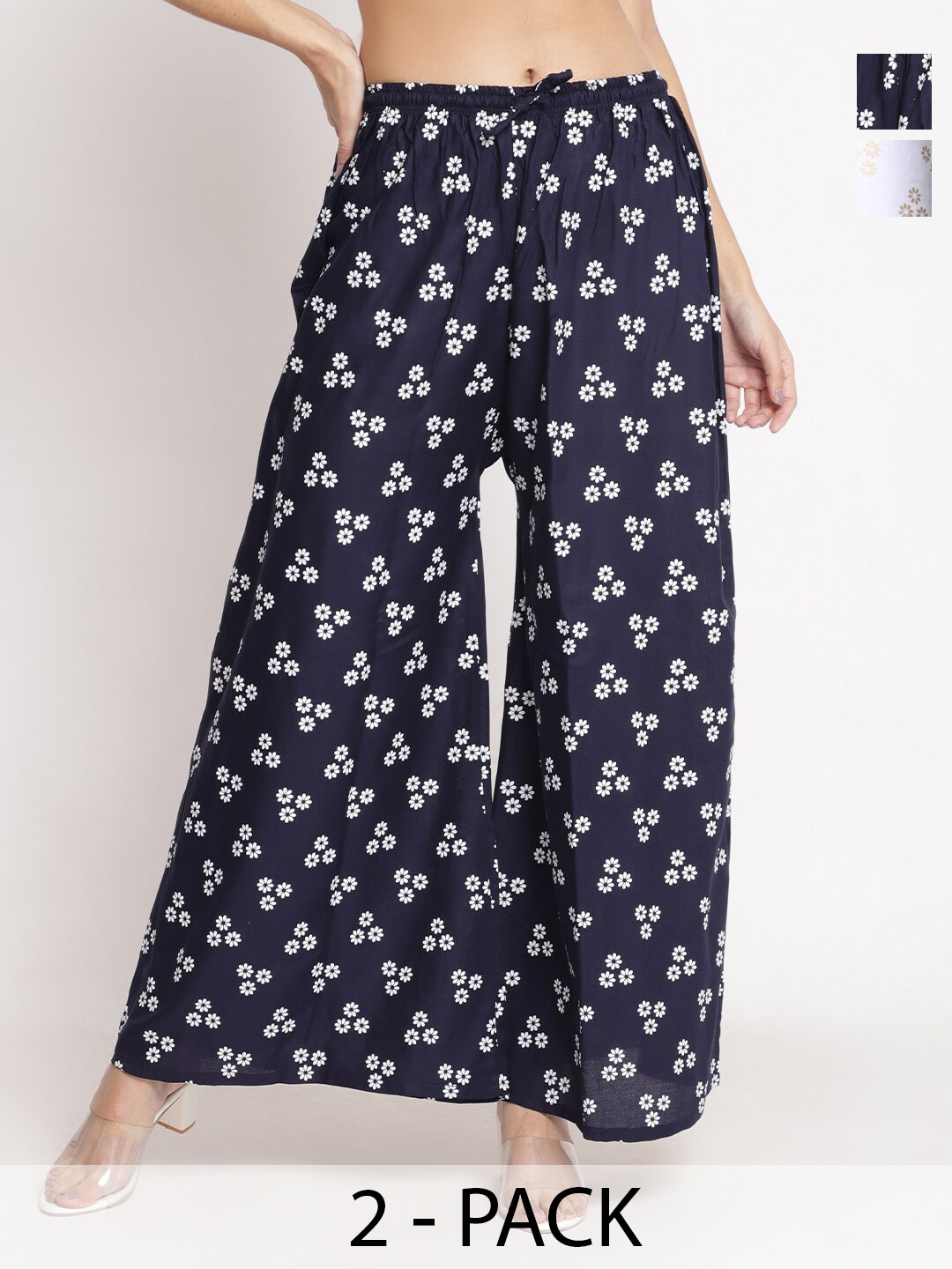 

Jinfo Pack Of 2 Floral Printed Flared Knitted Palazzos, White