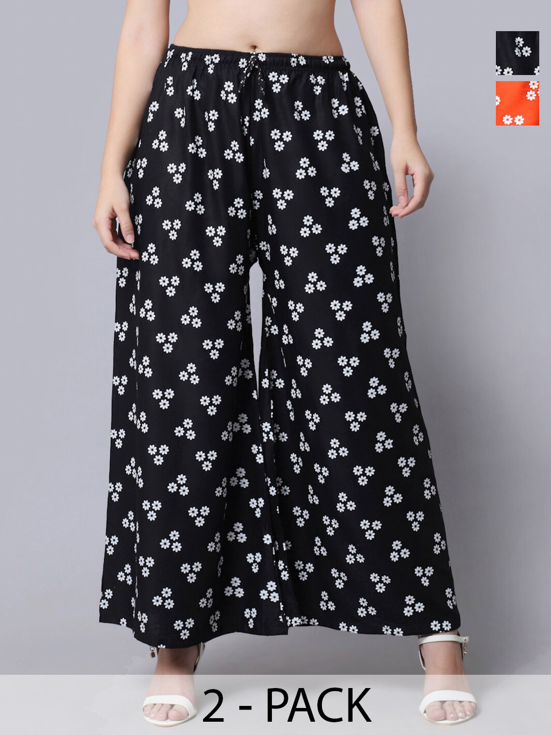 

Jinfo Pack Of 2 Floral Printed Flared Palazzos, Black