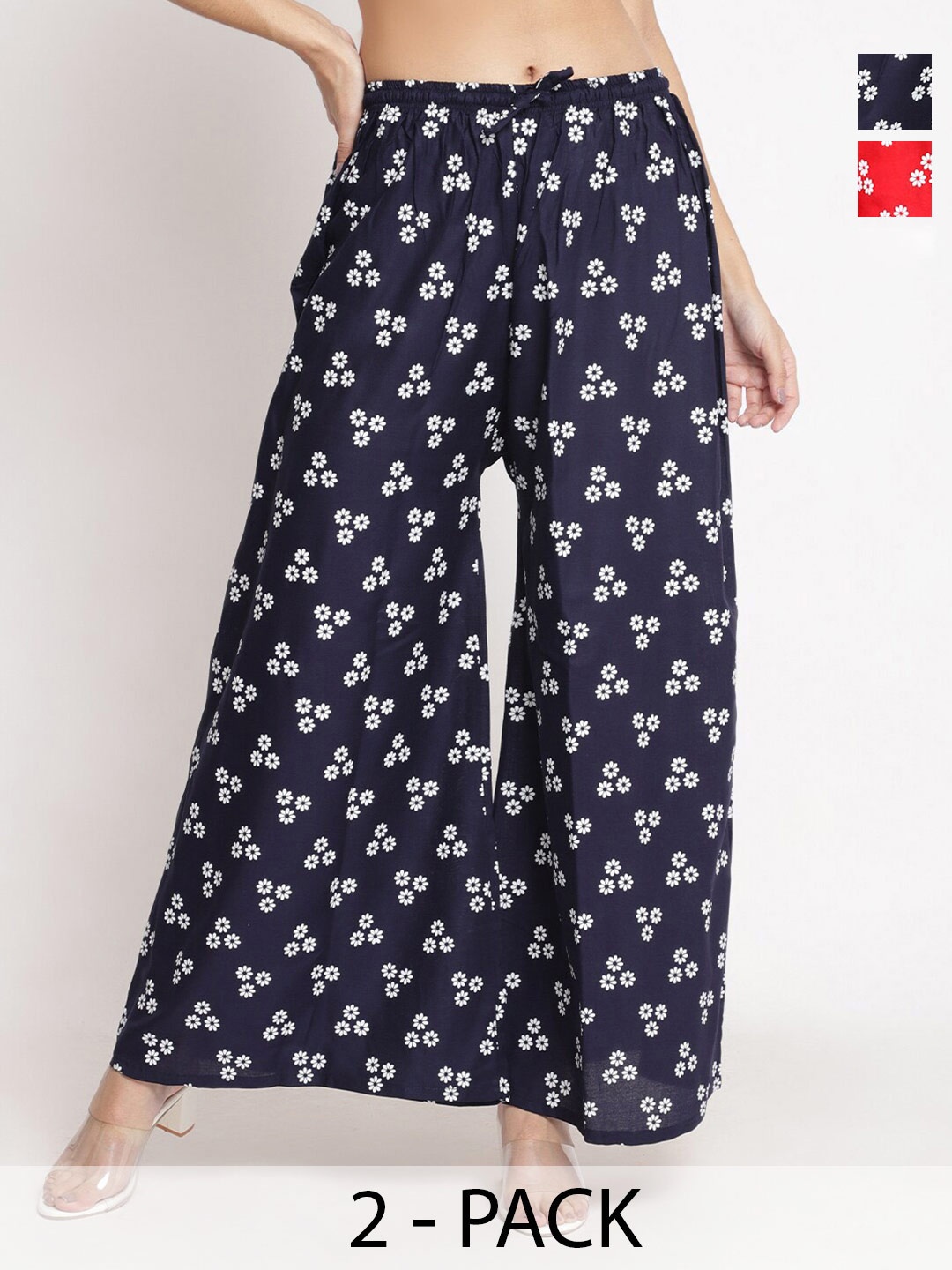 

Jinfo Pack Of 2 Floral Printed Flared Palazzos, Red