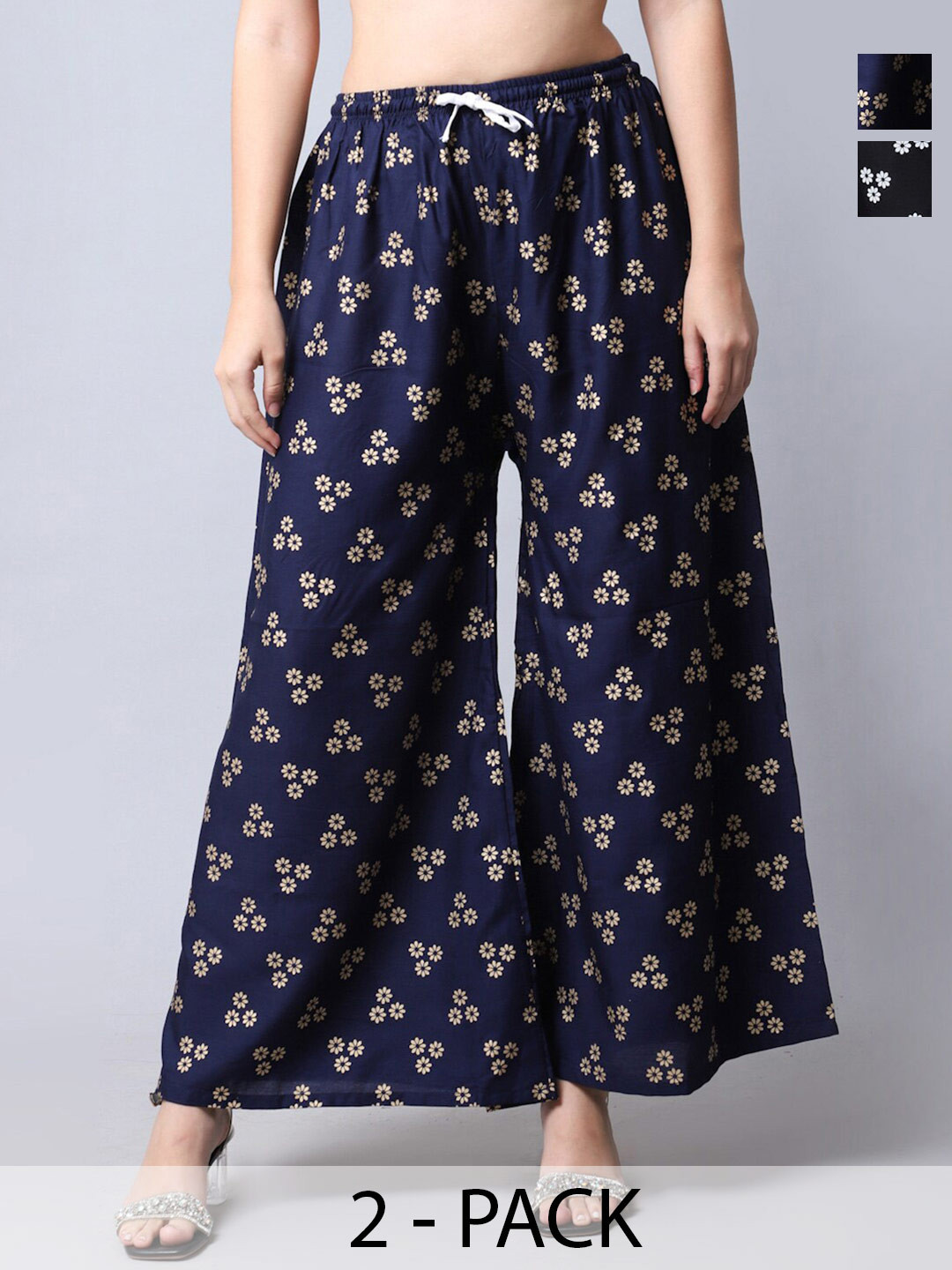 

Jinfo Pack Of 2 Floral Printed Flared Knitted Palazzos, Black
