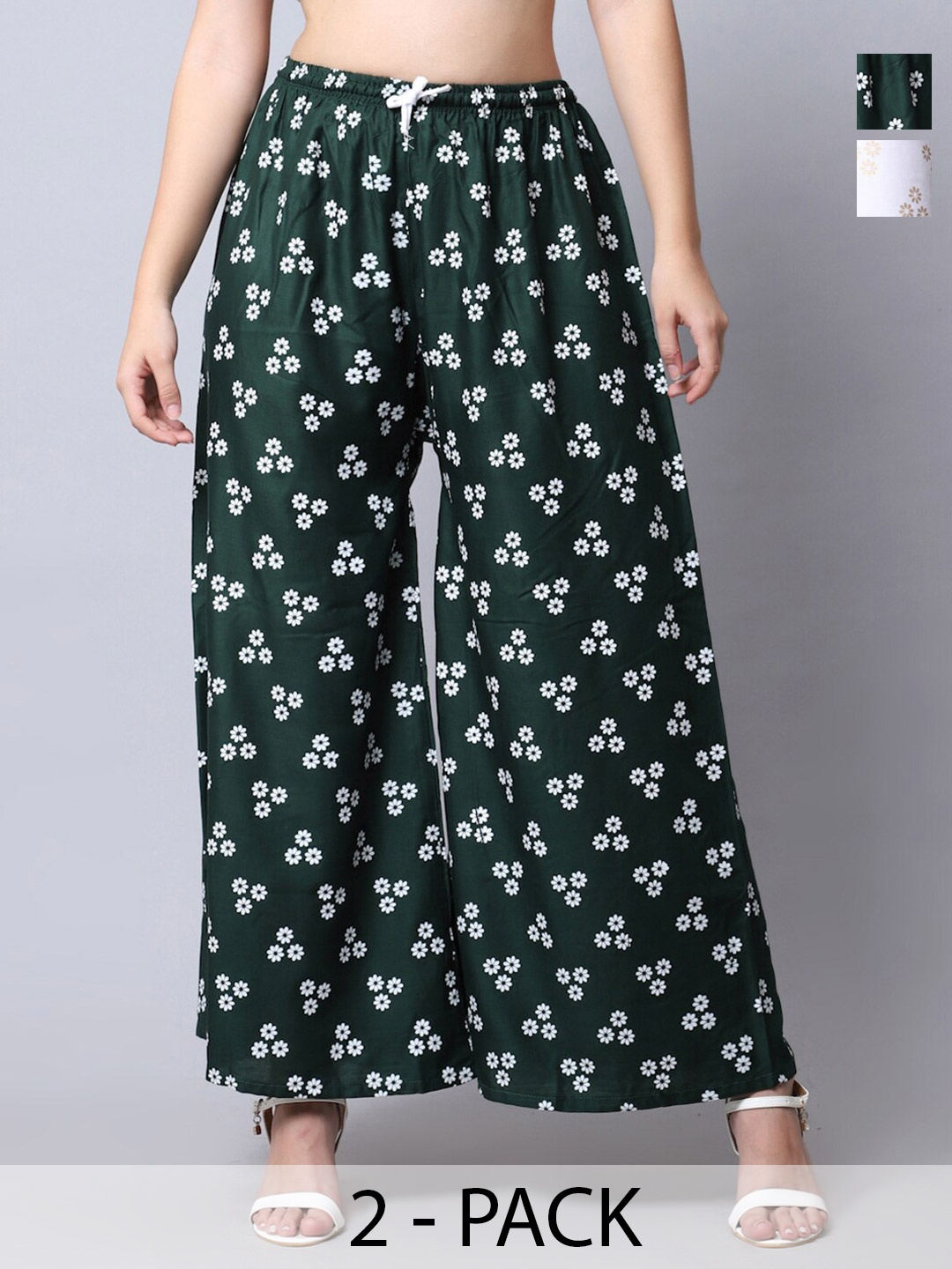 

Jinfo Pack Of 2 Floral Printed Flared Palazzos, White