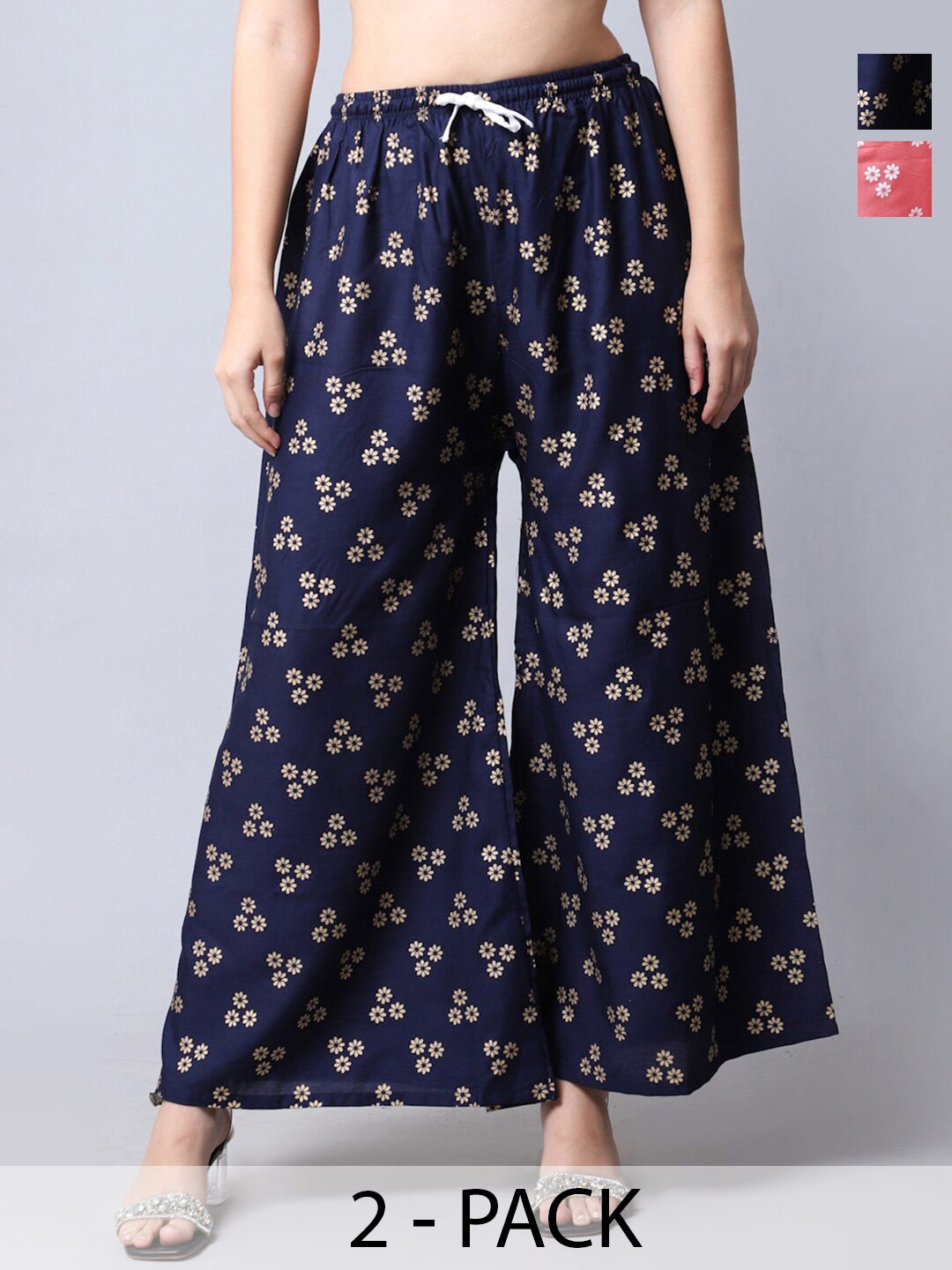 

Jinfo Pack Of 2 Floral Printed Flared Palazzos, Peach