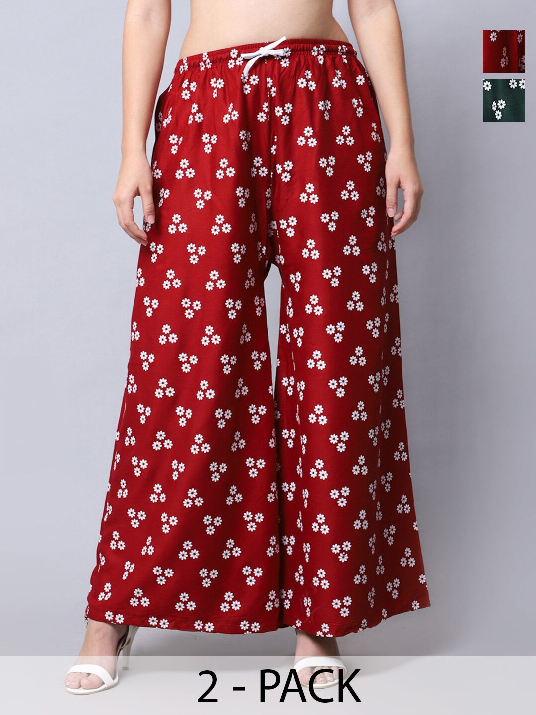 

Jinfo Pack Of 2 Floral Printed Flared Palazzos, Green
