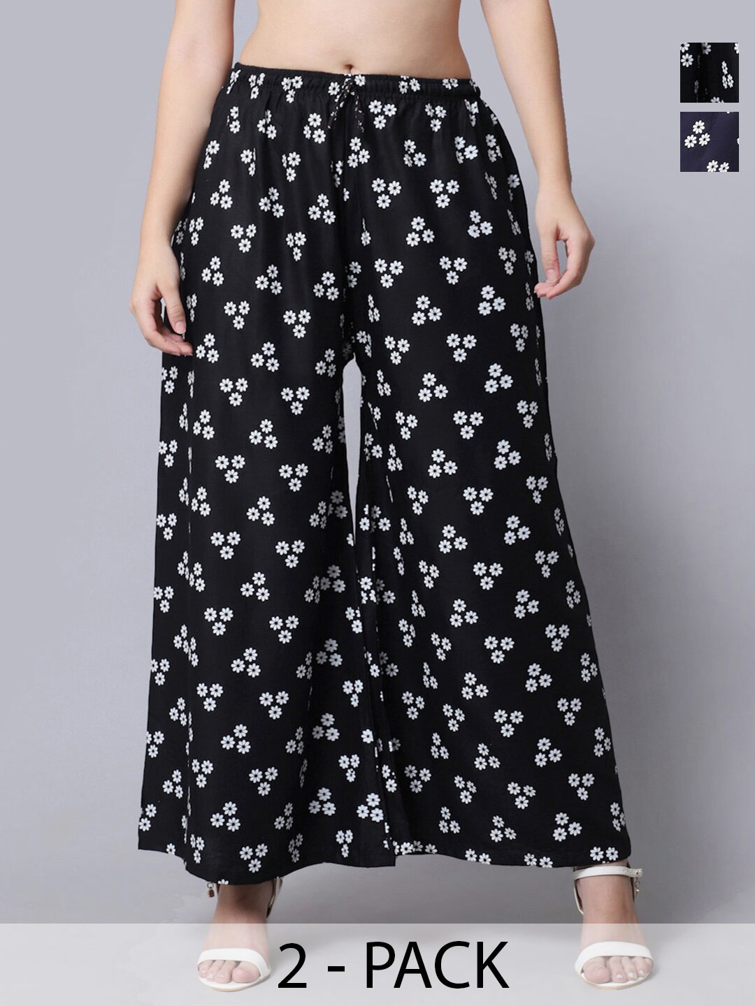 

Jinfo Pack Of 2 Floral Printed Flared Knitted Palazzos, Black