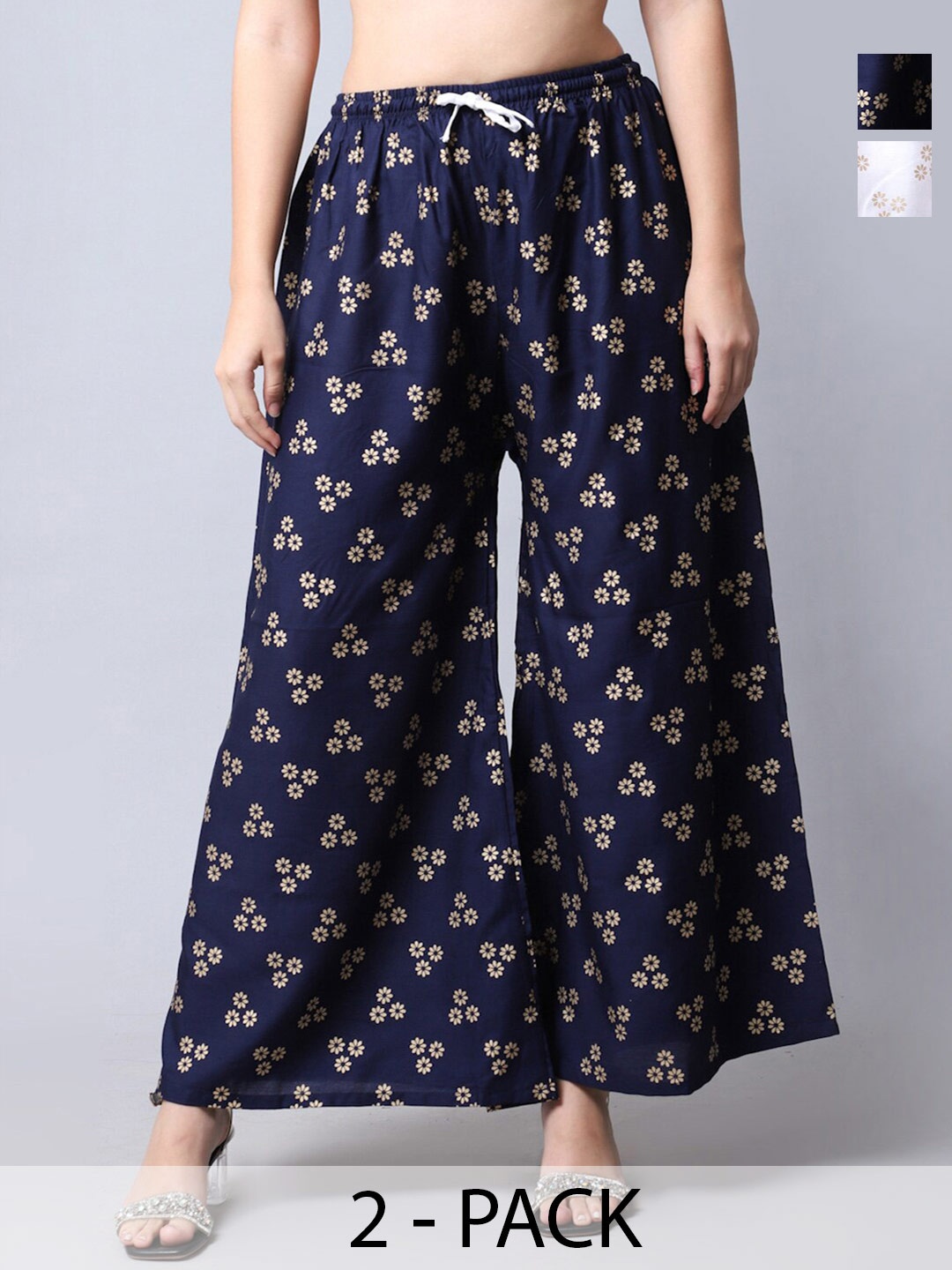 

Jinfo Pack Of 2 Floral Printed Flared Palazzos, White