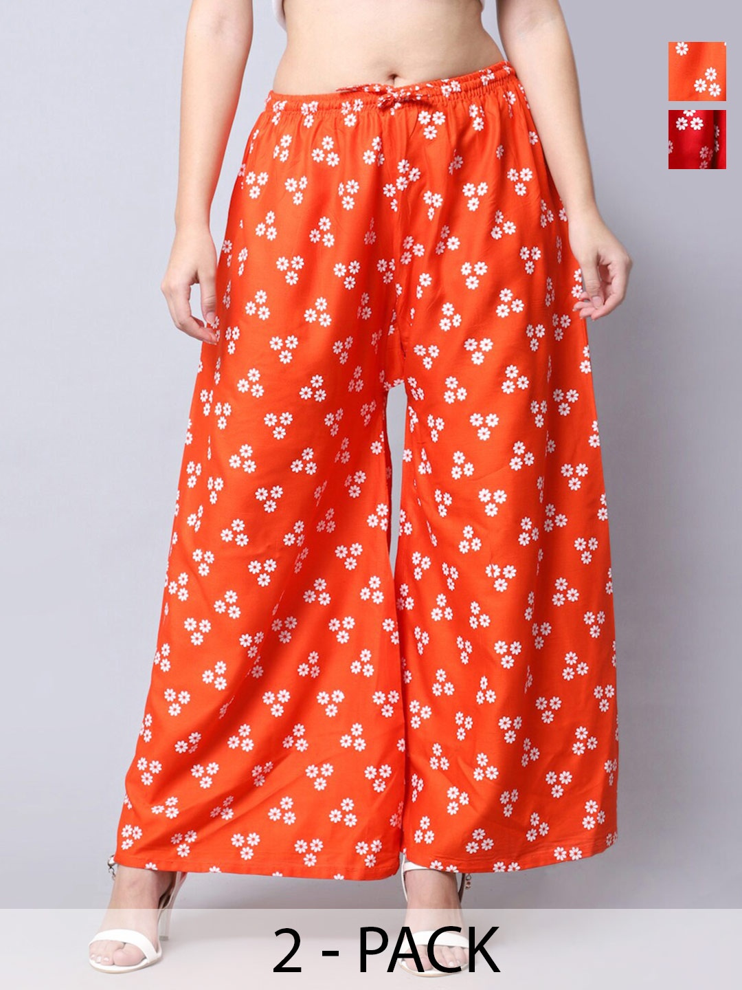 

Jinfo Pack Of 2 Floral Printed Flared Palazzos, Red