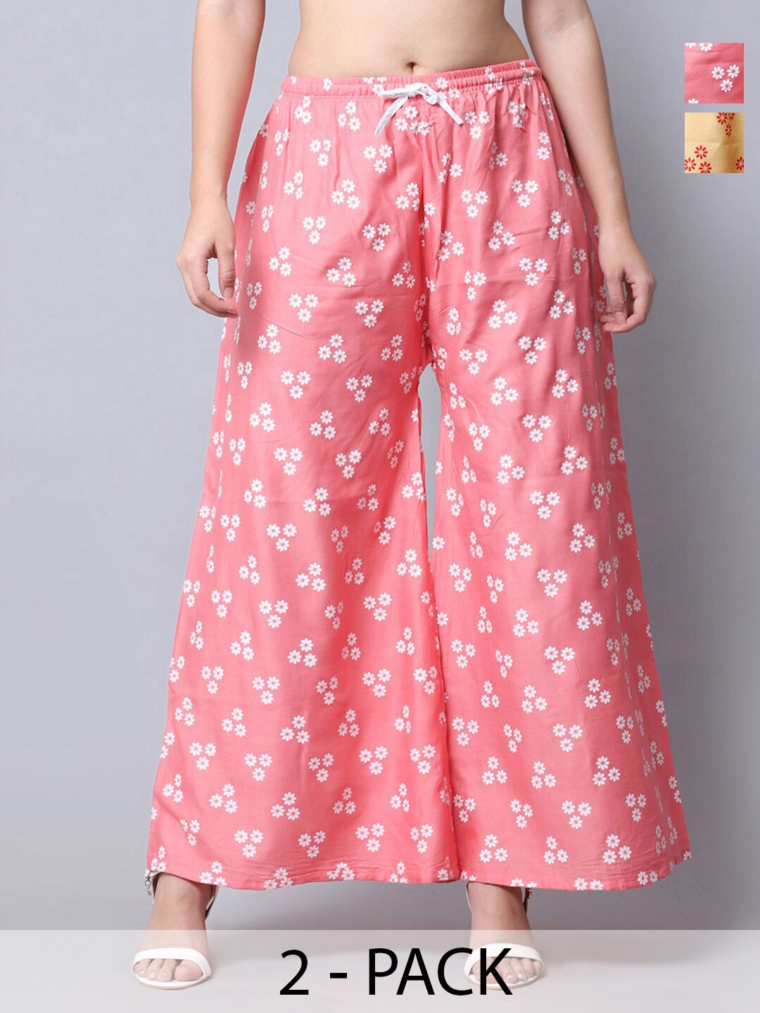 

Jinfo Pack Of 2 Floral Printed Flared Palazzos, Beige