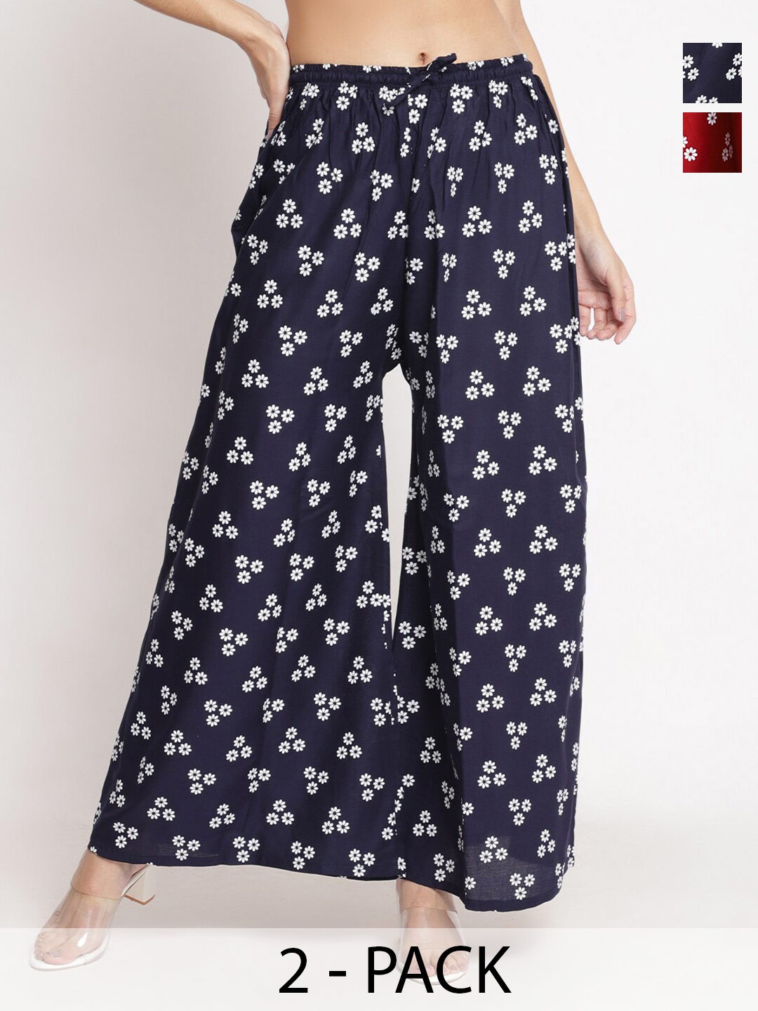

Jinfo Pack Of 2 Floral Printed Flared Knitted Palazzos, Maroon