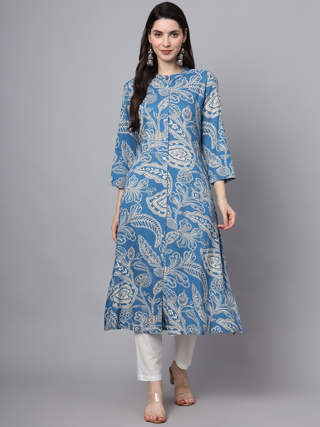 

Divena Ethnic Motifs Printed Mandarin Collar Sequinned Floral Straight Kurta, Blue