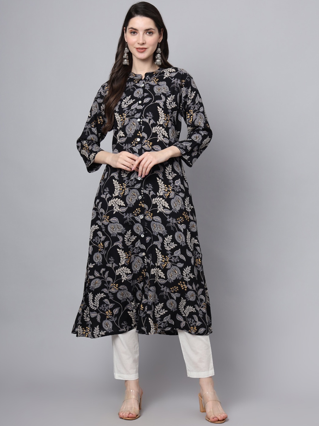 Divena Ethnic Motifs Printed Mandarin Collar A-Line Kurta, Black
