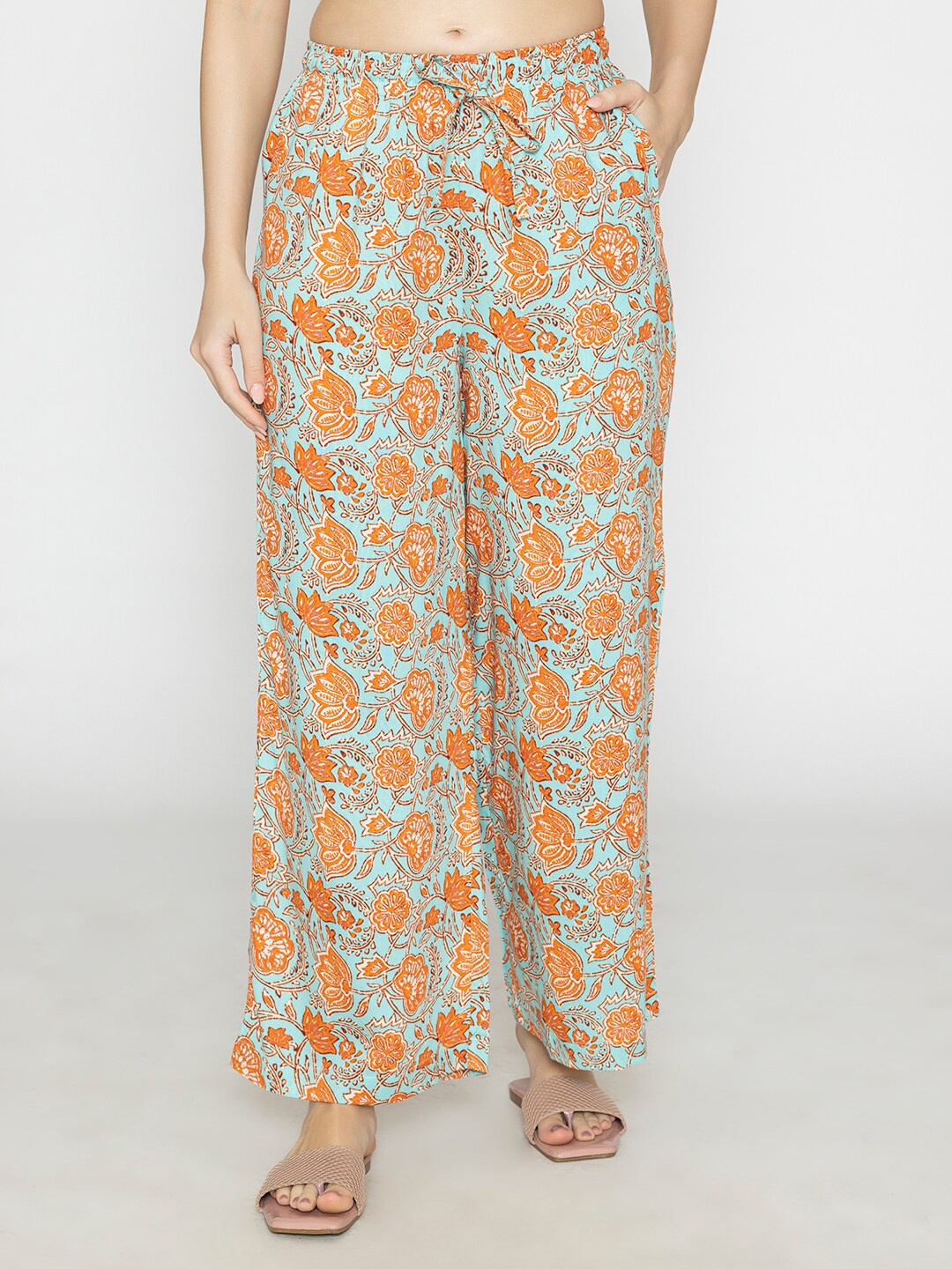 

Bonjour Women Floral Printed Knitted Palazzos, Blue