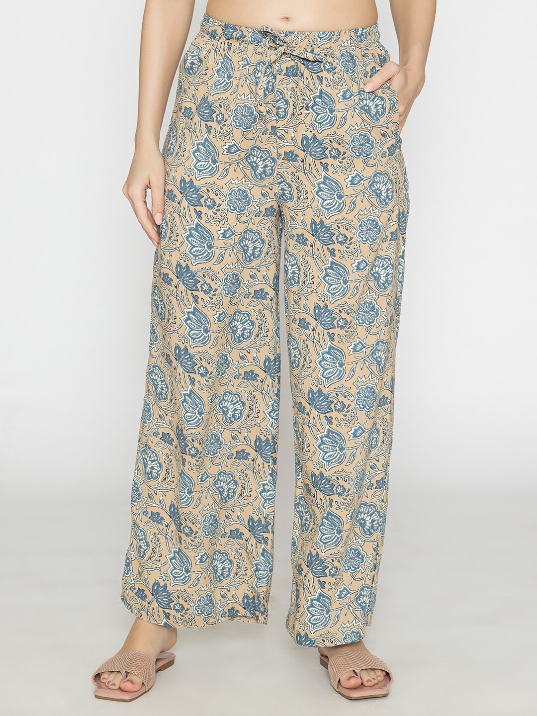 

Bonjour Women Floral Printed Knitted Palazzos, Beige